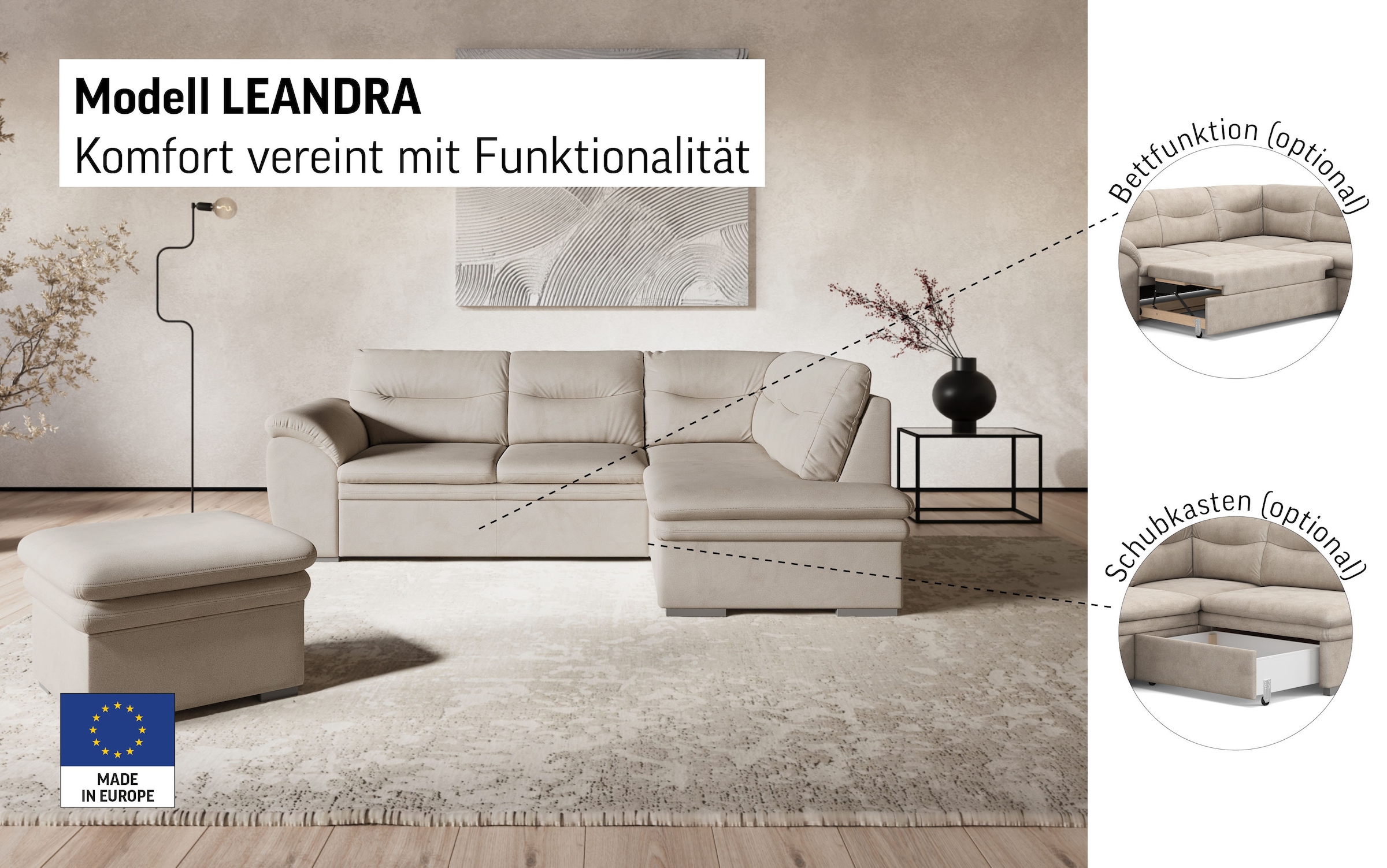COTTA Canapé d'angle »Leandra L-Form« avec fonction lit et coffre en option