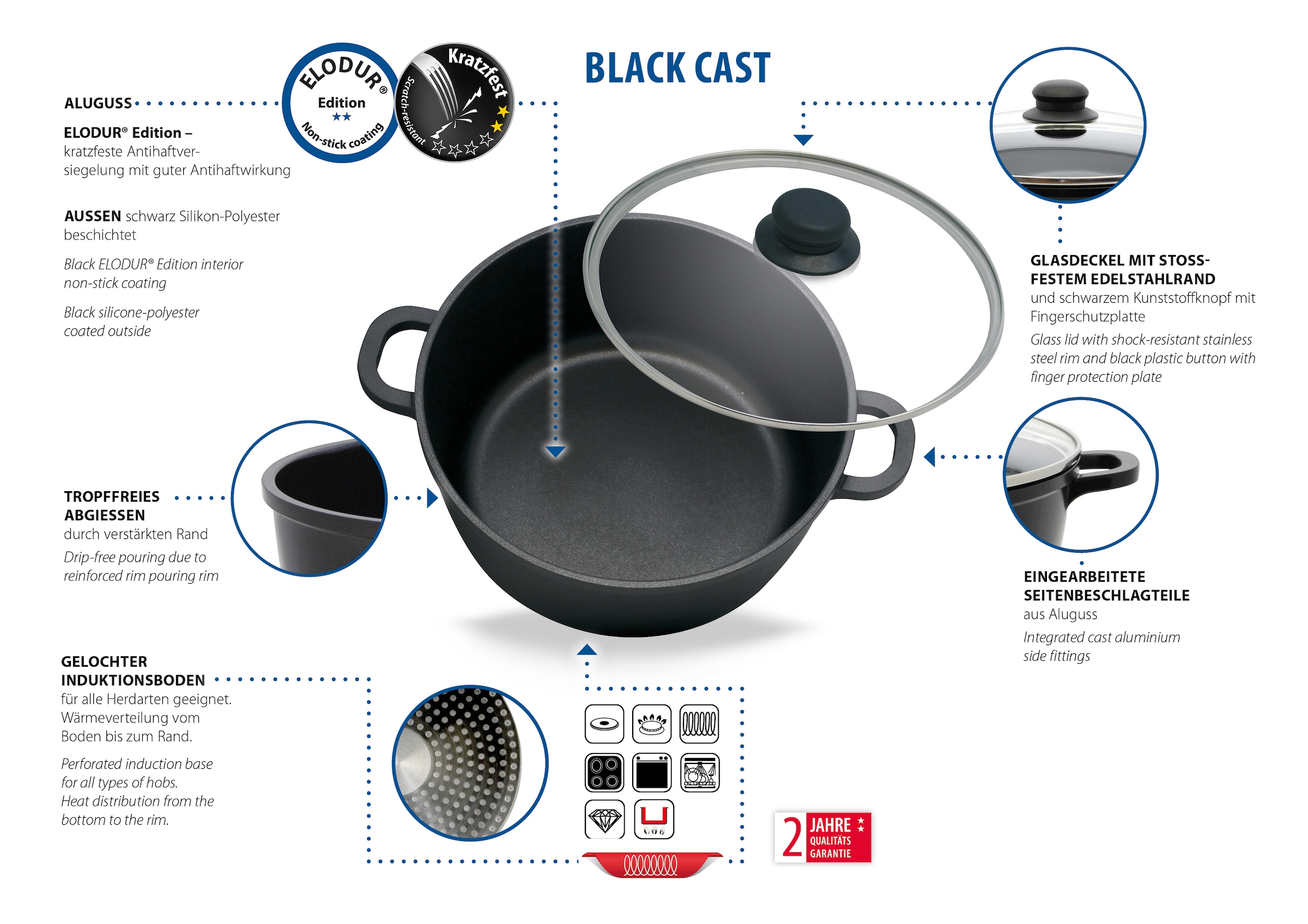 Elo Basic Set de casseroles »Black Cast« Ensemble, 3 casseroles avec couvercle, 1 casserole avec manche, 7 cuis tlg. Aluminium moulé