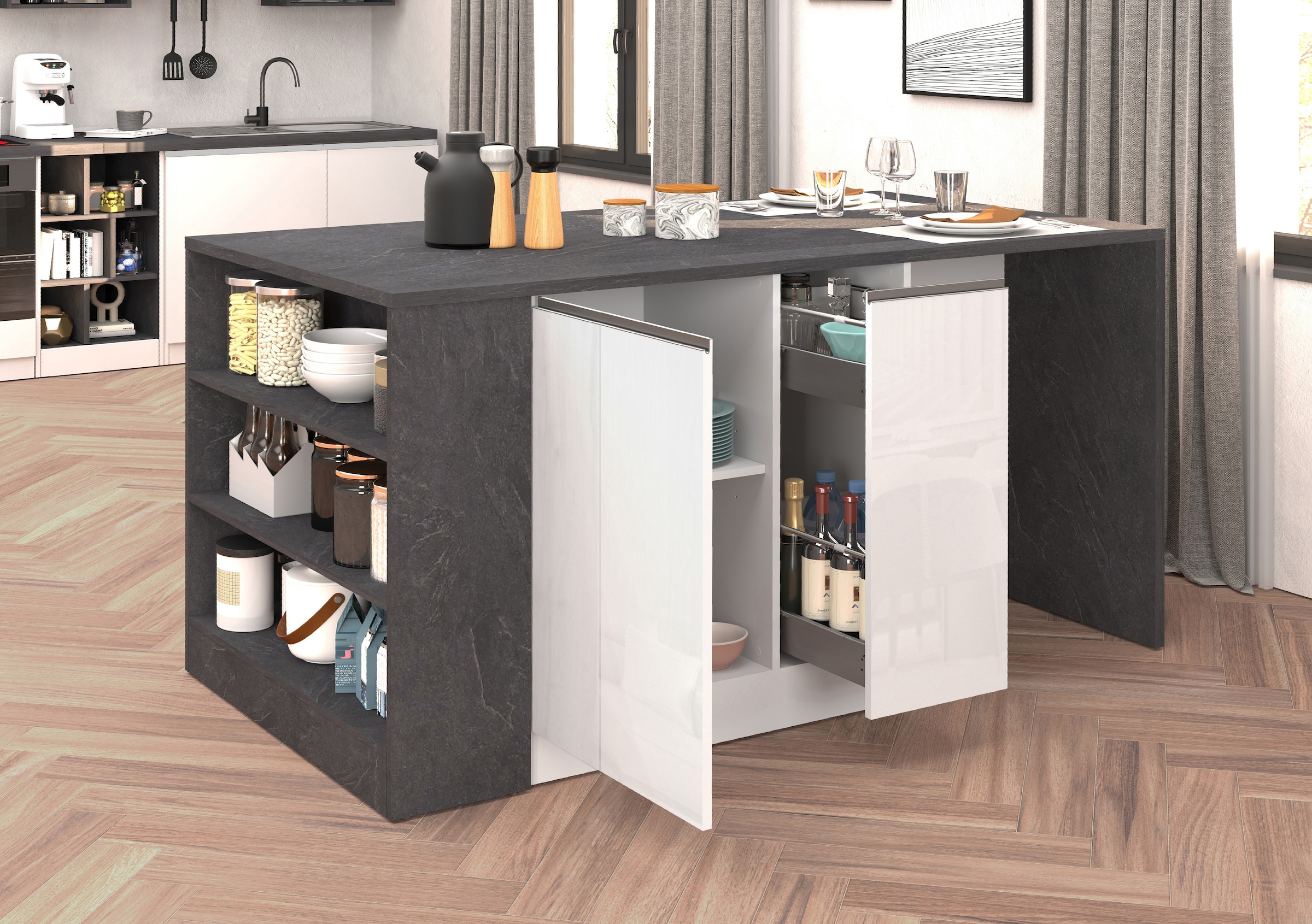 KOCHSTATION Ilot de cuisine »KS-Sole, Kochinsel, Küchenarbeitsblock, Arbeitsinsel, Made in Italy« Breite 167,5 cm, 2 Apothekerauszüge, 2 Essplätze, 1 offenes Regal