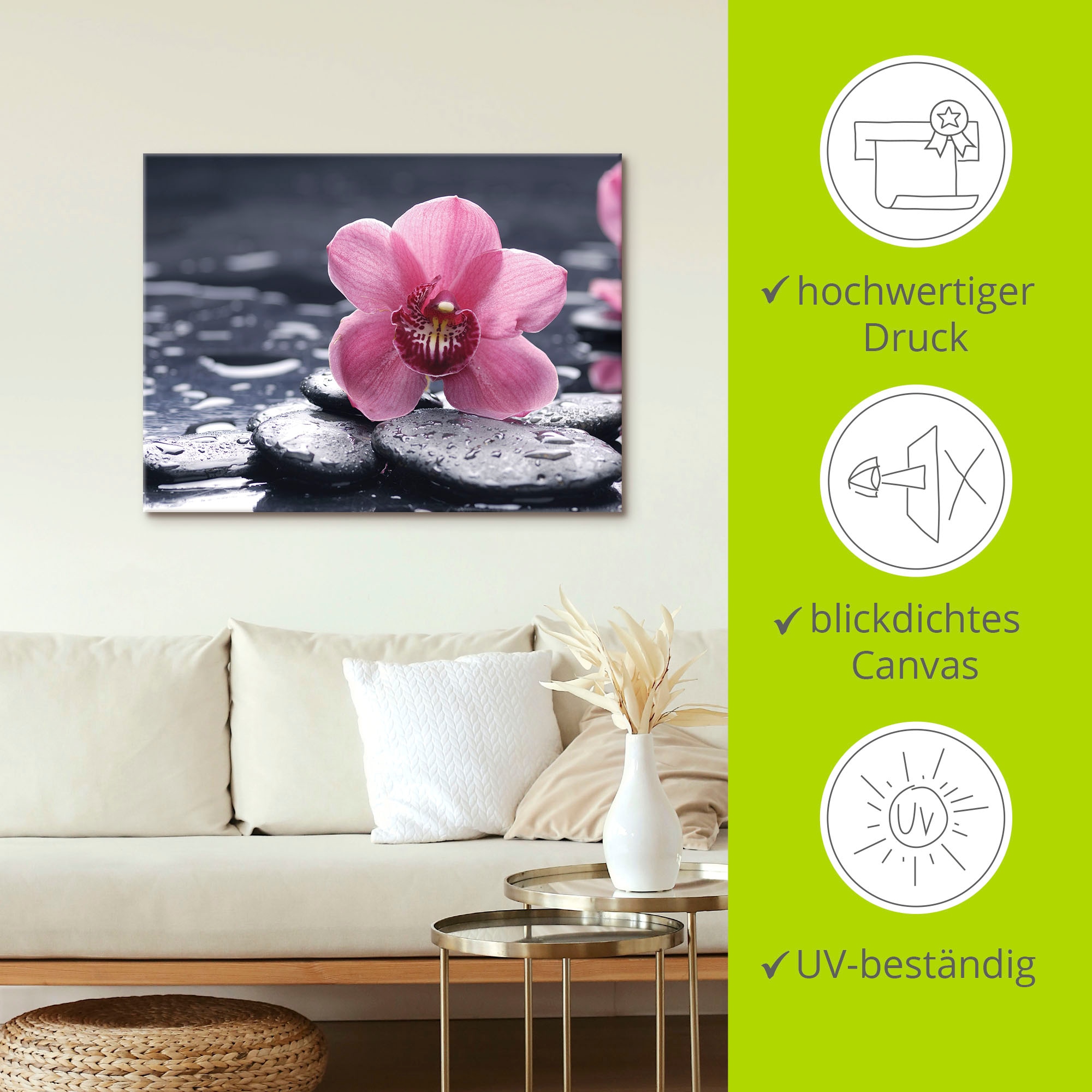Artland Tableau sur toile »Stillleben mit Kiesel und einer Orchidee« 1 cuis tlg. als Alubild, Outdoorbild, Leinwandbild, Poster, Wandaufkleber