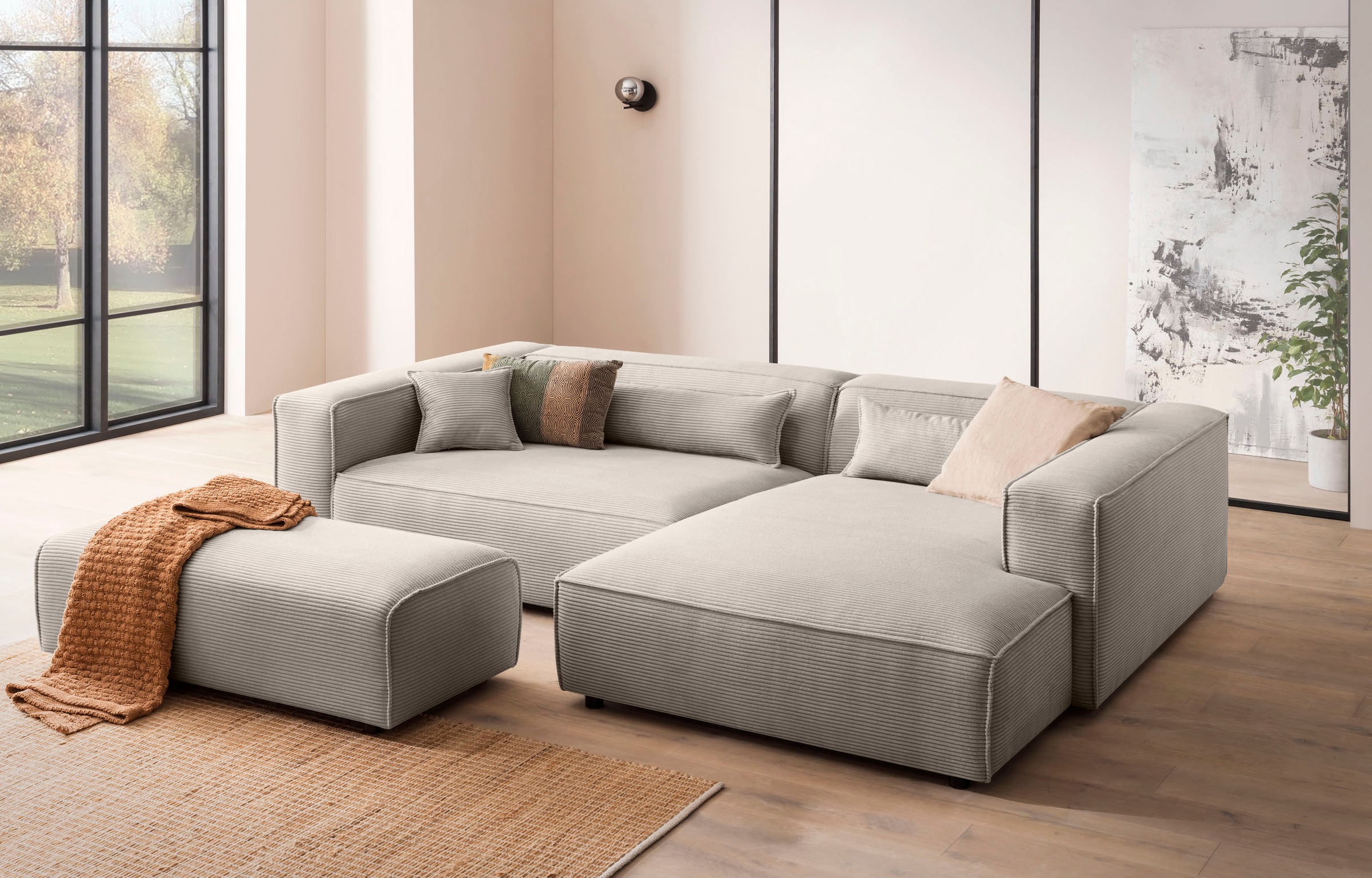 LeGer Home by Lena Gercke Tabouret »PIARA, Cord, Polsterhocker mit Kedernaht« de la série PIARA, rectangulaire, pieds noirs, confort d'assise agréable