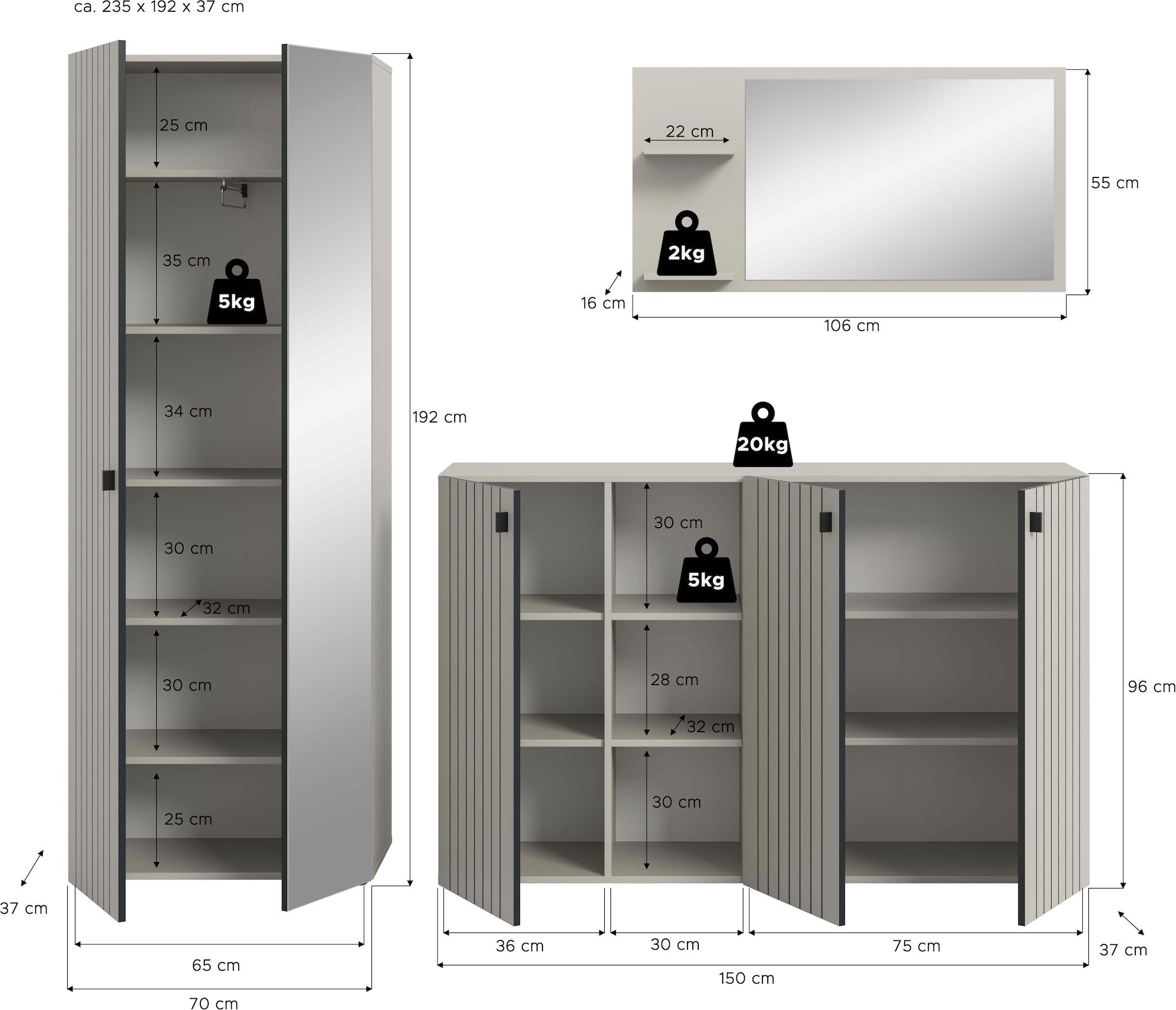 Home affaire Ensemble de vestiaires »TATIO, 3-tlg. Garderobenkombination, Breite: 235 cm, Rillenfräsung« Set, Set, best. aus: 1 Garderobenschrank, 1 Garderobenspiegel, Schuhkommode, 3 cuis tlg.