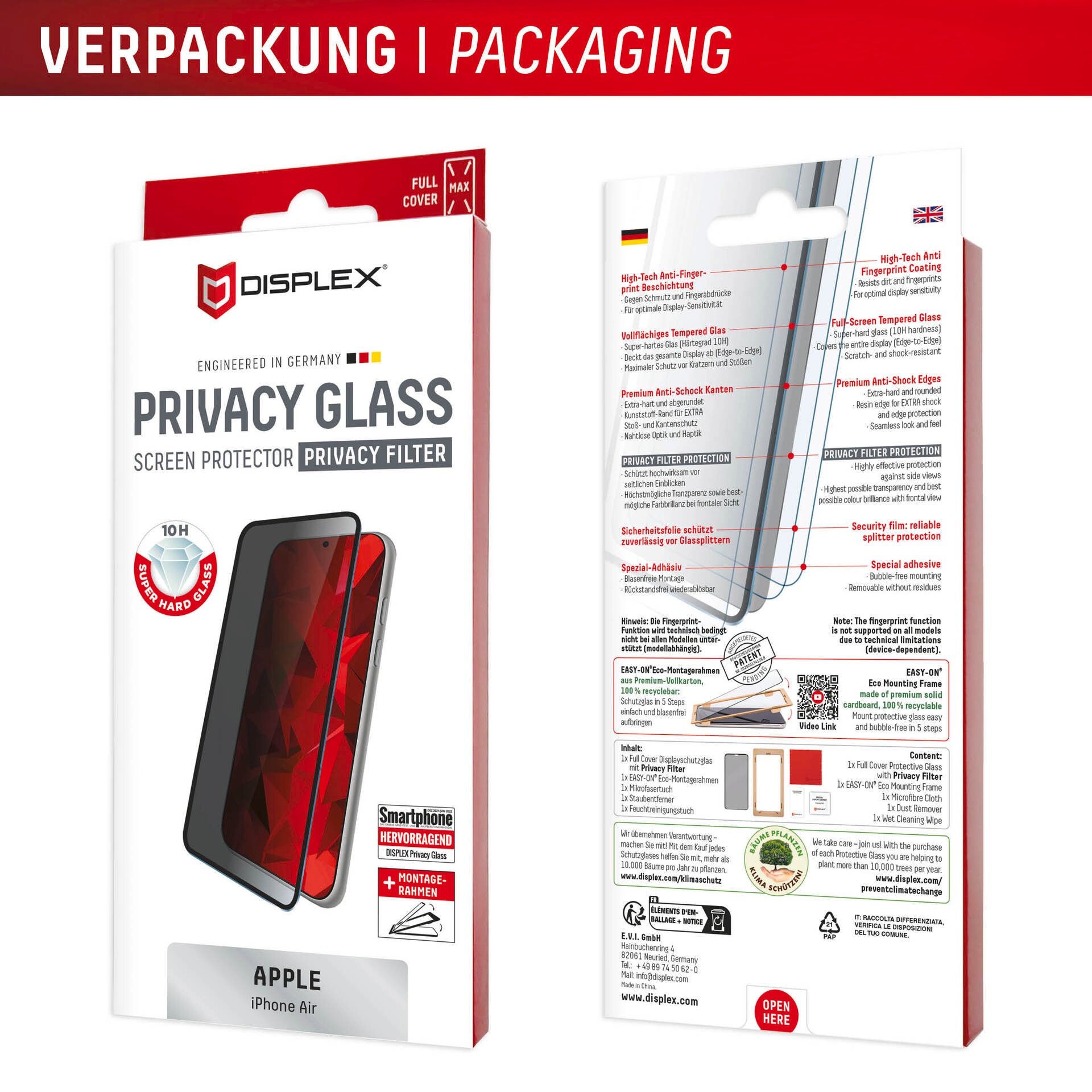 Displex Verre de protection d'écran »Privacy Glass Screen Protector« für Apple iPhone Air Displayschutzfolie, Schutzfolie, Bildschirmschutz, kratz- & stossfest