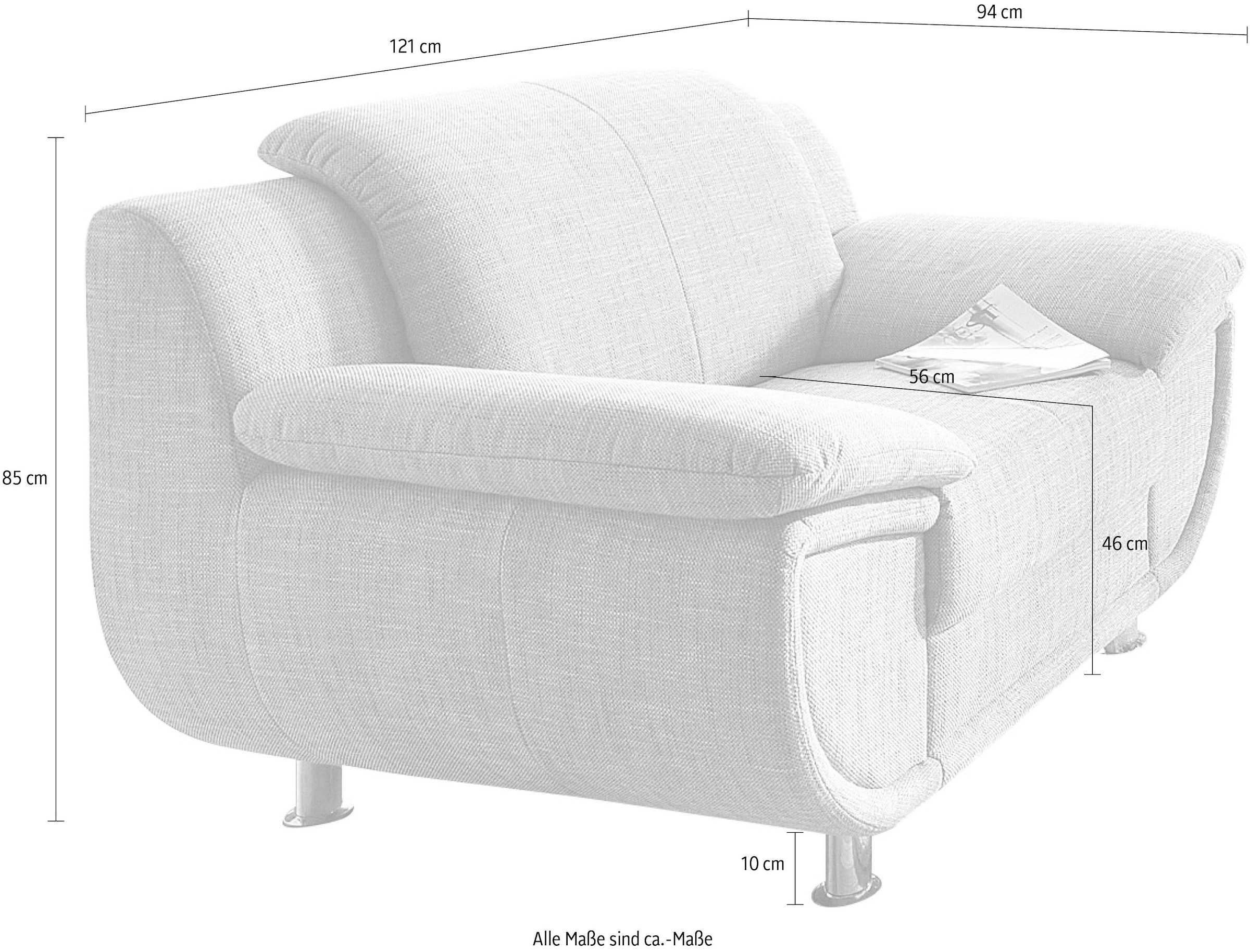 TRENDMANUFAKTUR Fauteuil »Rondo, Breite 121 cm, breite Armlehnen, Füsse chromfarben« grand fauteuil avec ressorts ensachés en option, confortable