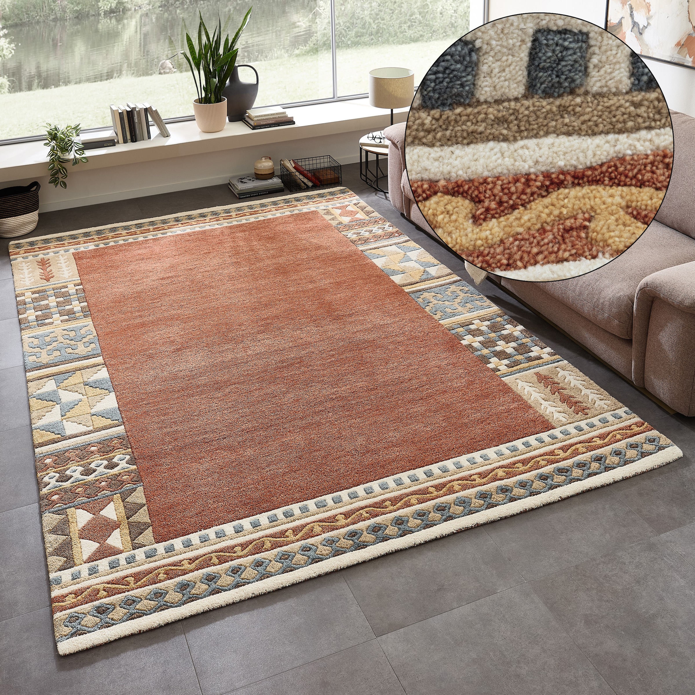 THEKO Wollteppich »Nuno, reine Wolle,  Handgefertigt, mit Bordüre« rechteckig 14 mm Höhe handgetuftet, Wohnzimmer, Schlafzimmer, Esszimmer, auch als Läufer