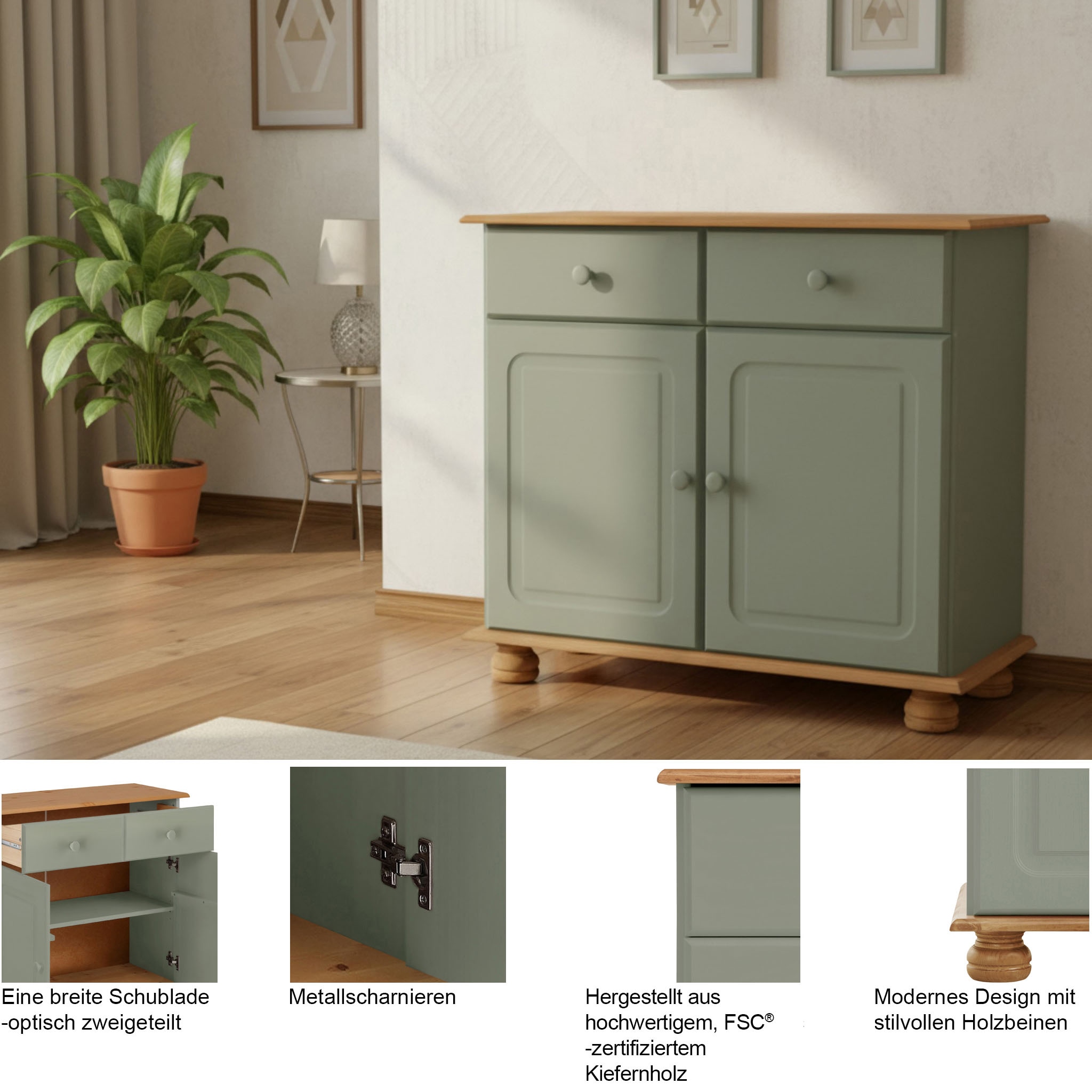 GOODproduct Buffet »Mette Kommode mit 2 Türen & 1 Schubladen, die optisch geteilt ist« Commode avec pieds usinés en forme de boule, 2 portes et 1 tiroir