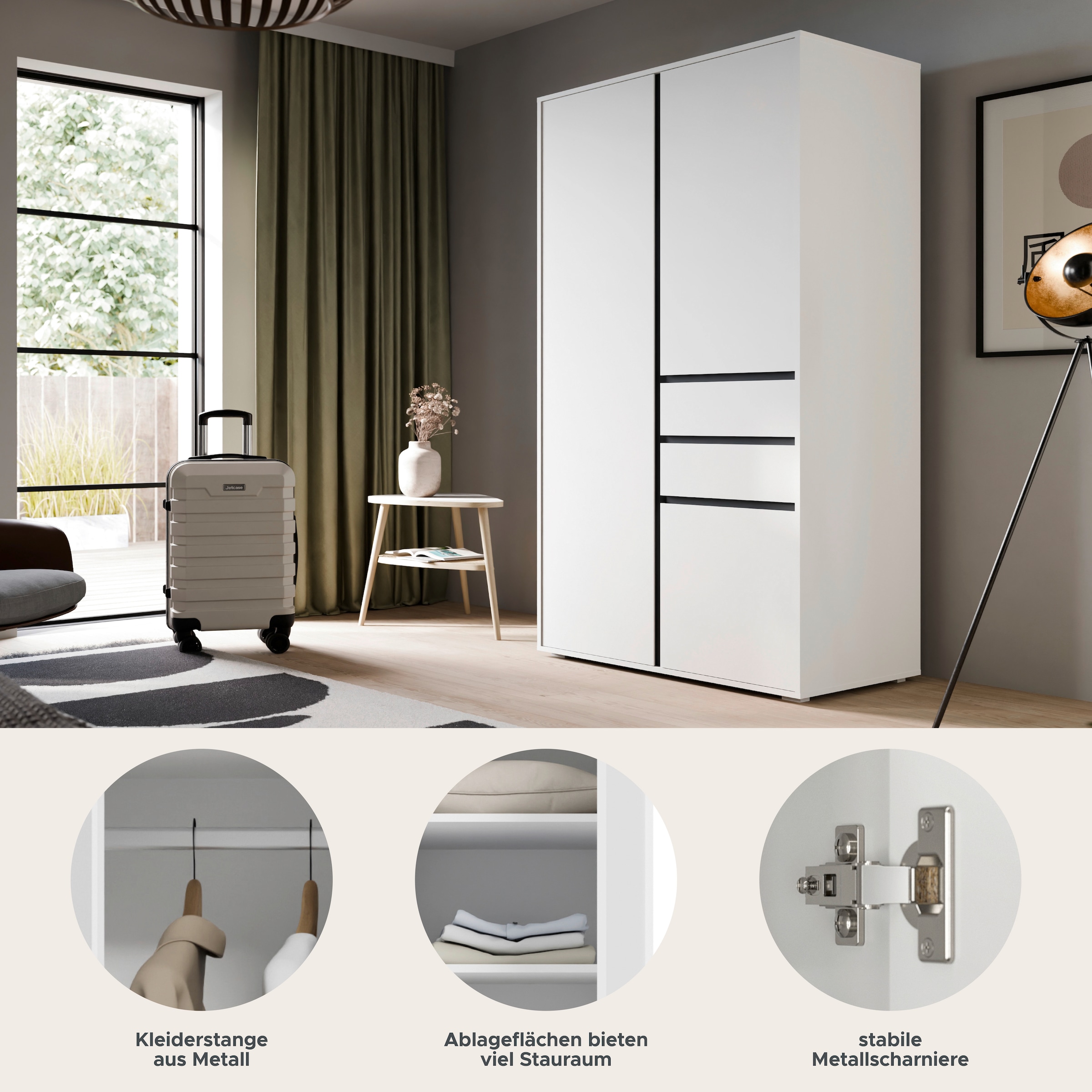 Home affaire Armoires à vêtements »NULA, Schlafzimmerschrank, Garderobe, Schrank« in verschiedenen Ausführungen und Farben erhältlich, 1 cuis tlg. 3 Türen, 2 Schubkästen, 1 E-Boden, 5 K-Böden, 1 Kleiderstange
