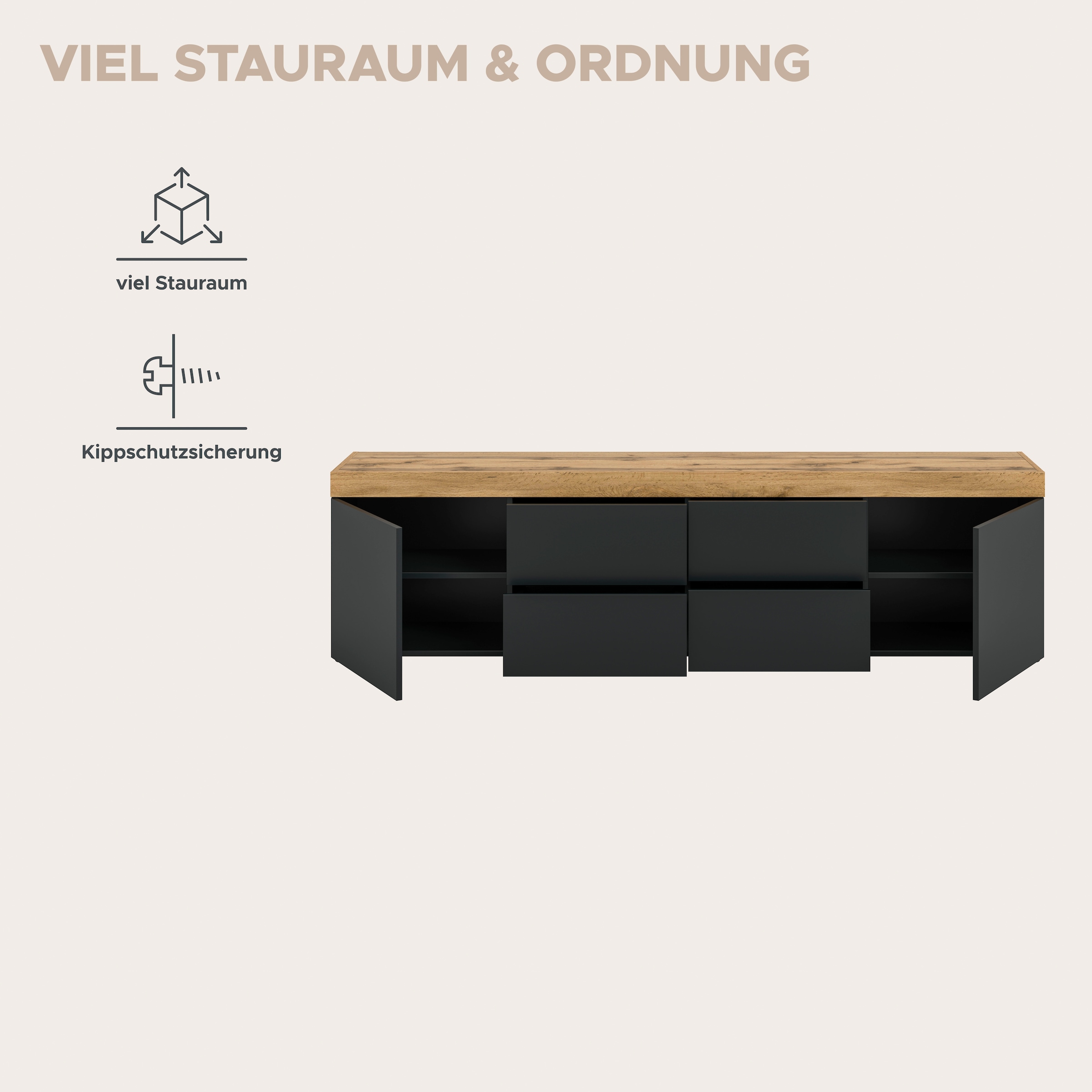 GOODproduct Table basse »MAMBO, Breite 200cm, 2 Türen, 4 Schubkästen, push-2-open« 2 farbige Ausführung, in verschiedenen Farben erhältlich, 1 cuis tlg. Lowboard, TV Unterschrank, Tv-Schrank, Wohnzimmer