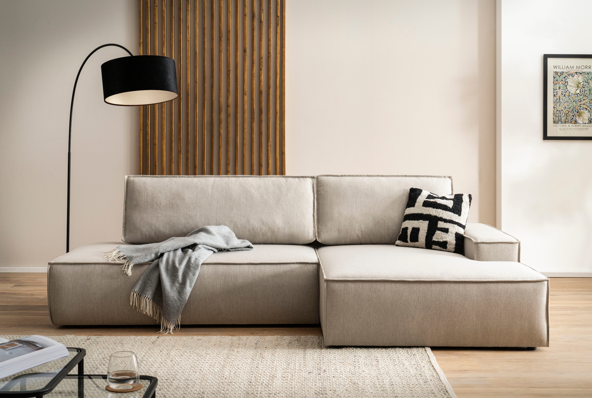 Home affaire Ecksofa »SHERWOOD,  Schlafsofa in L-Form offen (275cm), Cord, Leinenoptik« Schlaffunktion und Bettkasten, Kedernaht, hoher Sitz- & Liegekomfort,