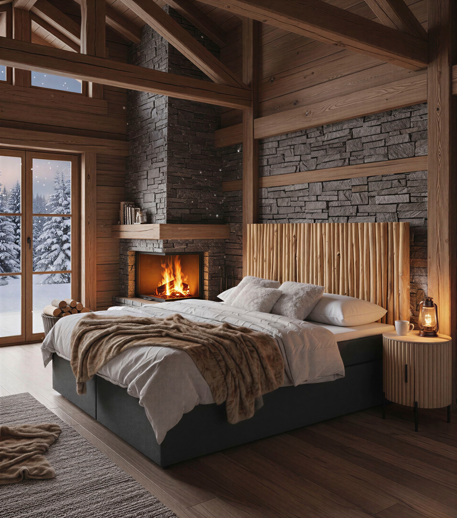 SIT Lit boxspring »Savigliano 180x200 cm mit Teakholz-Kopfteil und Topper« Tête de lit naturelle faite de véritables branches de teck avec confort boxspring