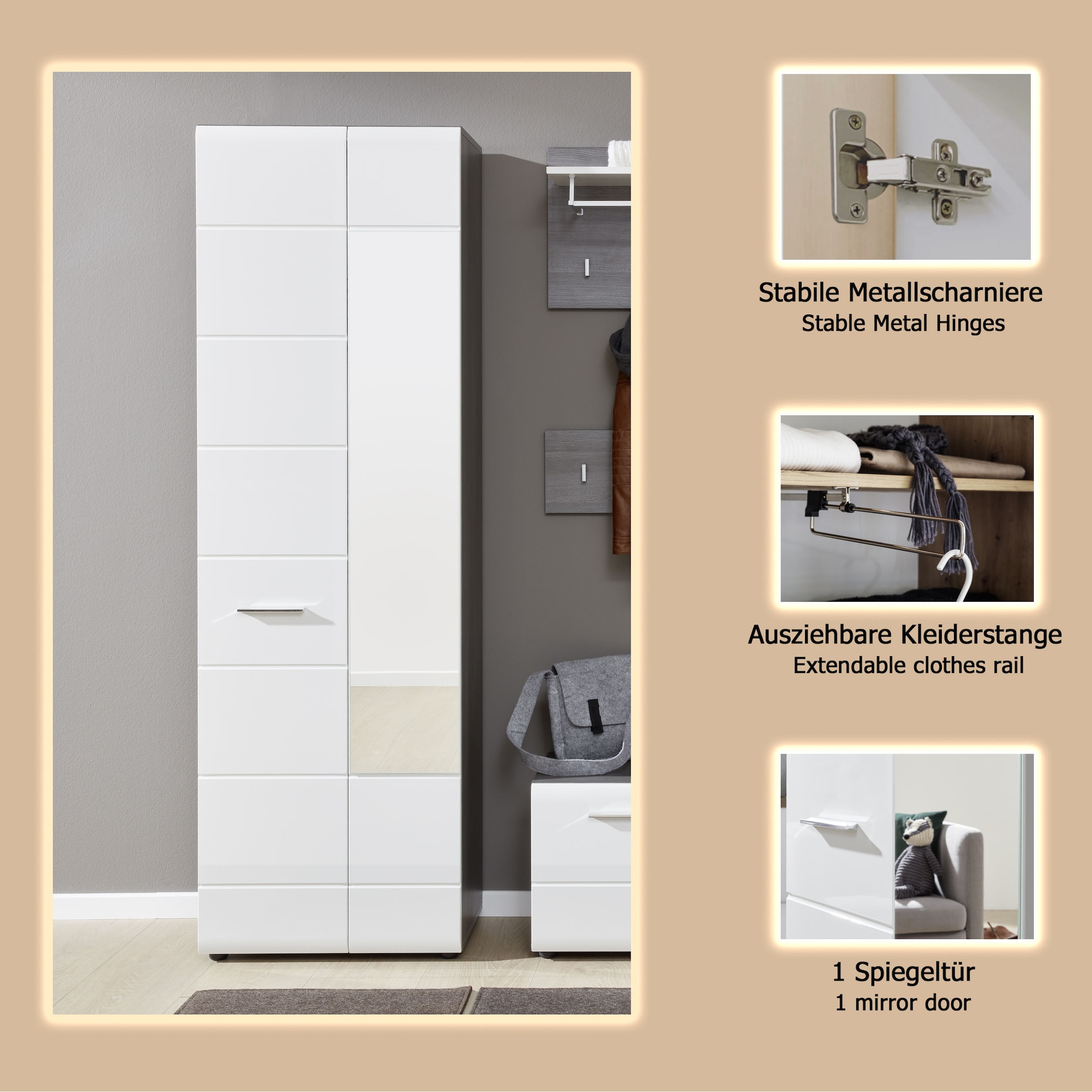 INOSIGN Armoire vestiaire »Sovana« Garderobenschrank mit 2 Türen & Spiegel - (B/T/H) 60/36/191 cm