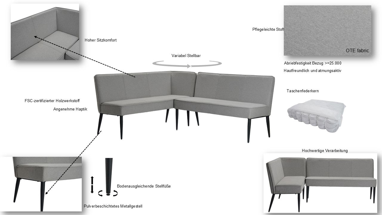 GOODproduct Banc d'angle »Lenzrose,« Esszimmerbank, Bank,,  mit Taschenfederkern, schwarzes Metallgestell, Breite 202 cm
