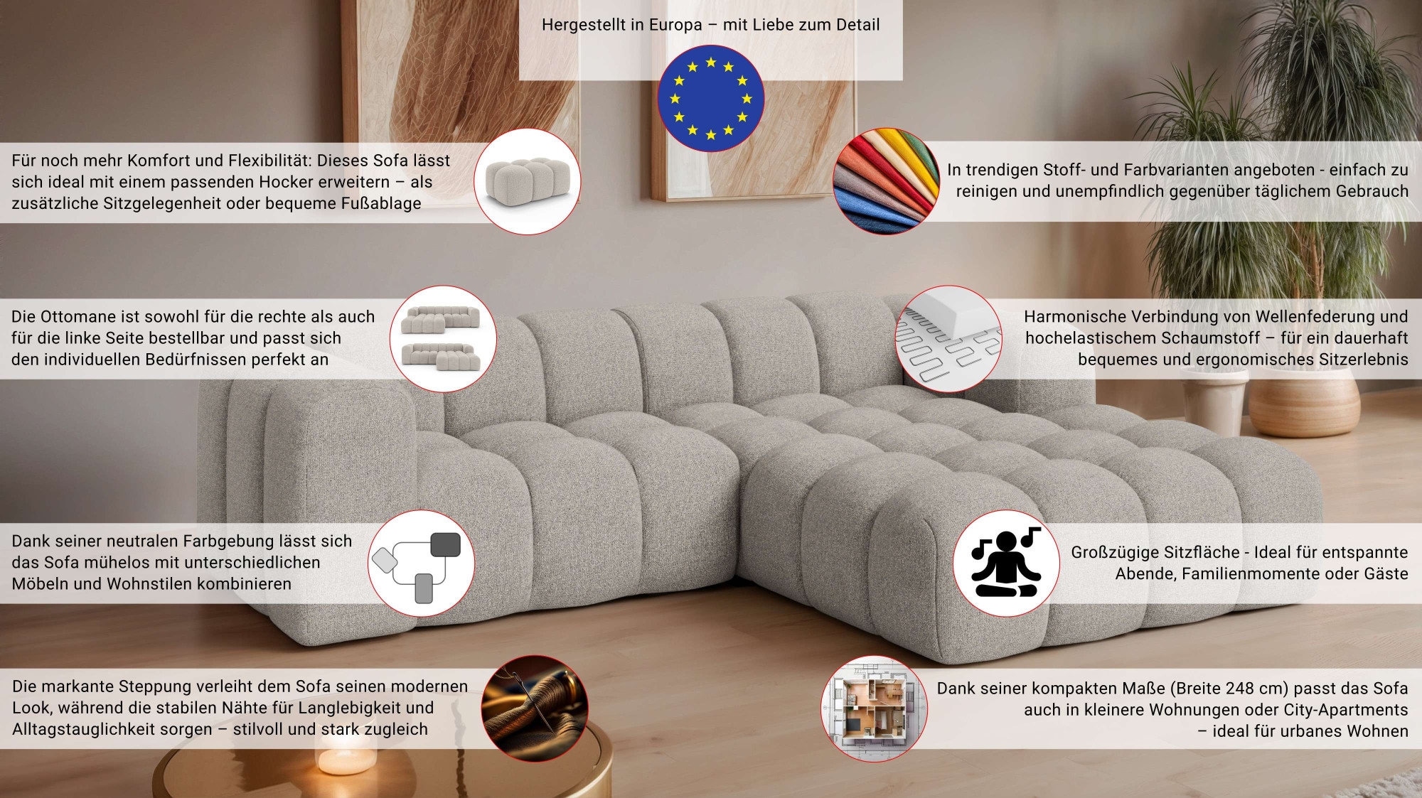 GOODproduct Ecksofa »KALLIE Design-Sofa mit Wellenunterfederung, Bubble-Optik, 248/186/72cm« moderne Steppung, hoher Sitzkomfort und modernes Design