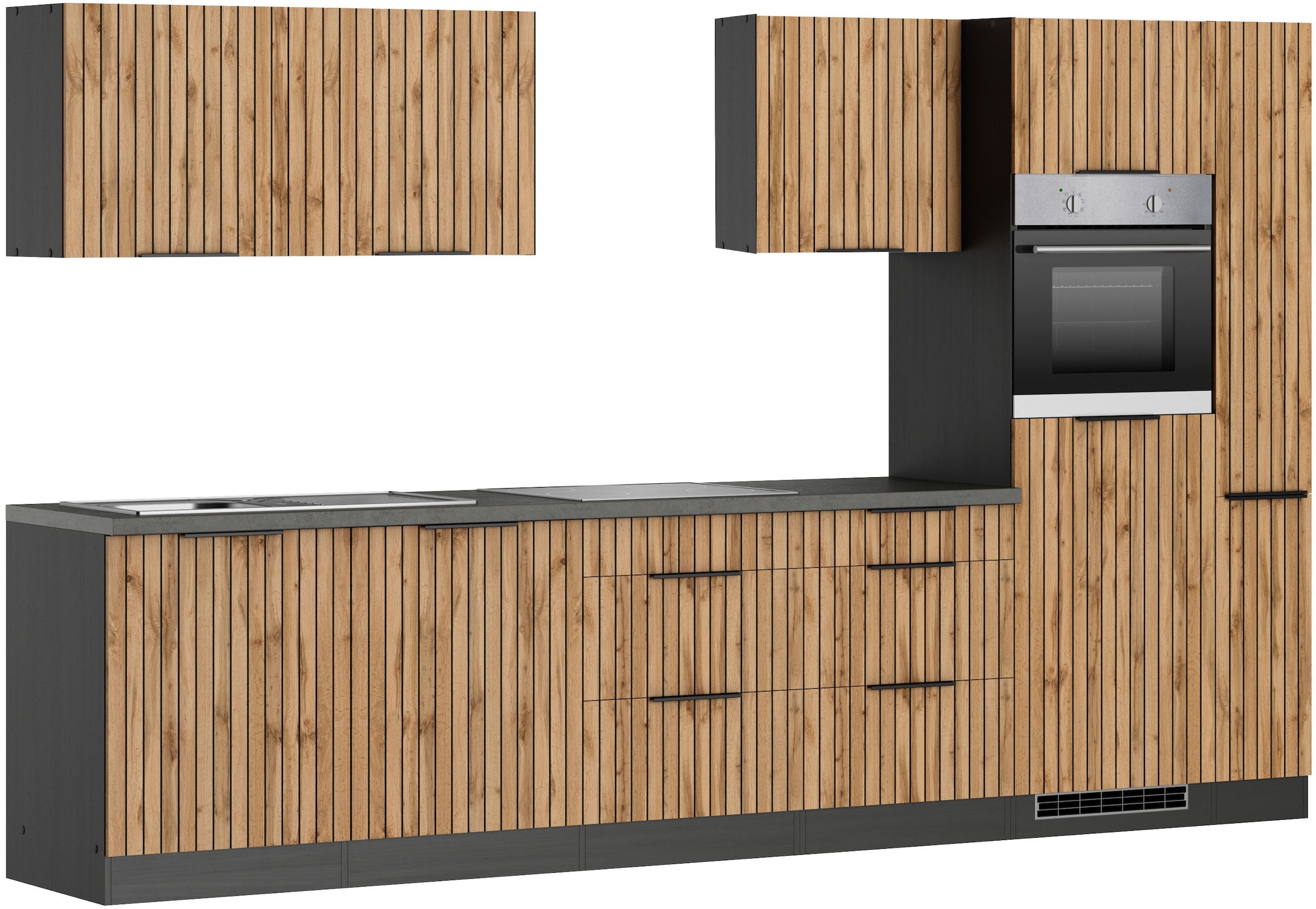 KOCHSTATION Küchenzeile »KS-Lagos, wahlweise mit E-Geräten, Spüle edelstahl oder schwarz« Breite 330cm, GK-oder Induktionskochfeld,mit oder ohne Kühlschrank