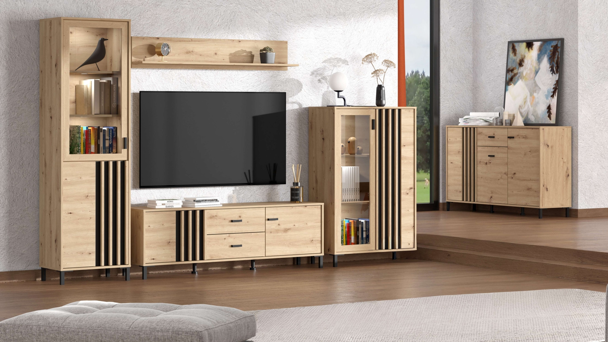 Home affaire Buffet haut »LAVAL, Hochkommode, Vitrine, Glasvitrine, Kombi-Highboard« Highboard moderne en décor Artisan avec façade en verre & effet lamelles