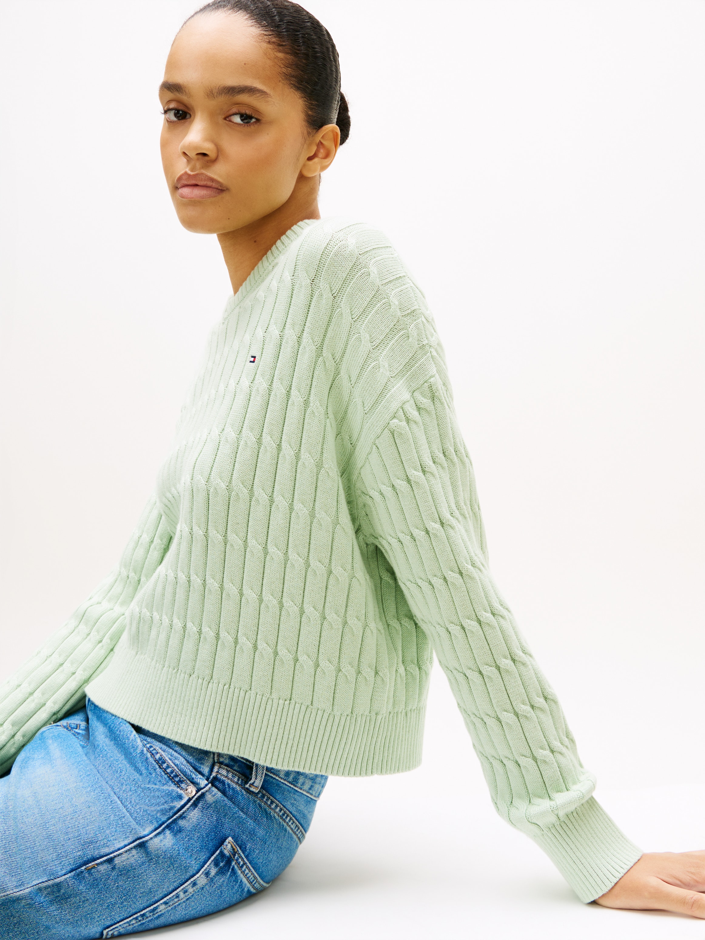 Tommy Hilfiger Pull en tricot »CO CABLE MID GG RLX LS V-NK SWT« mit Zopfmuster