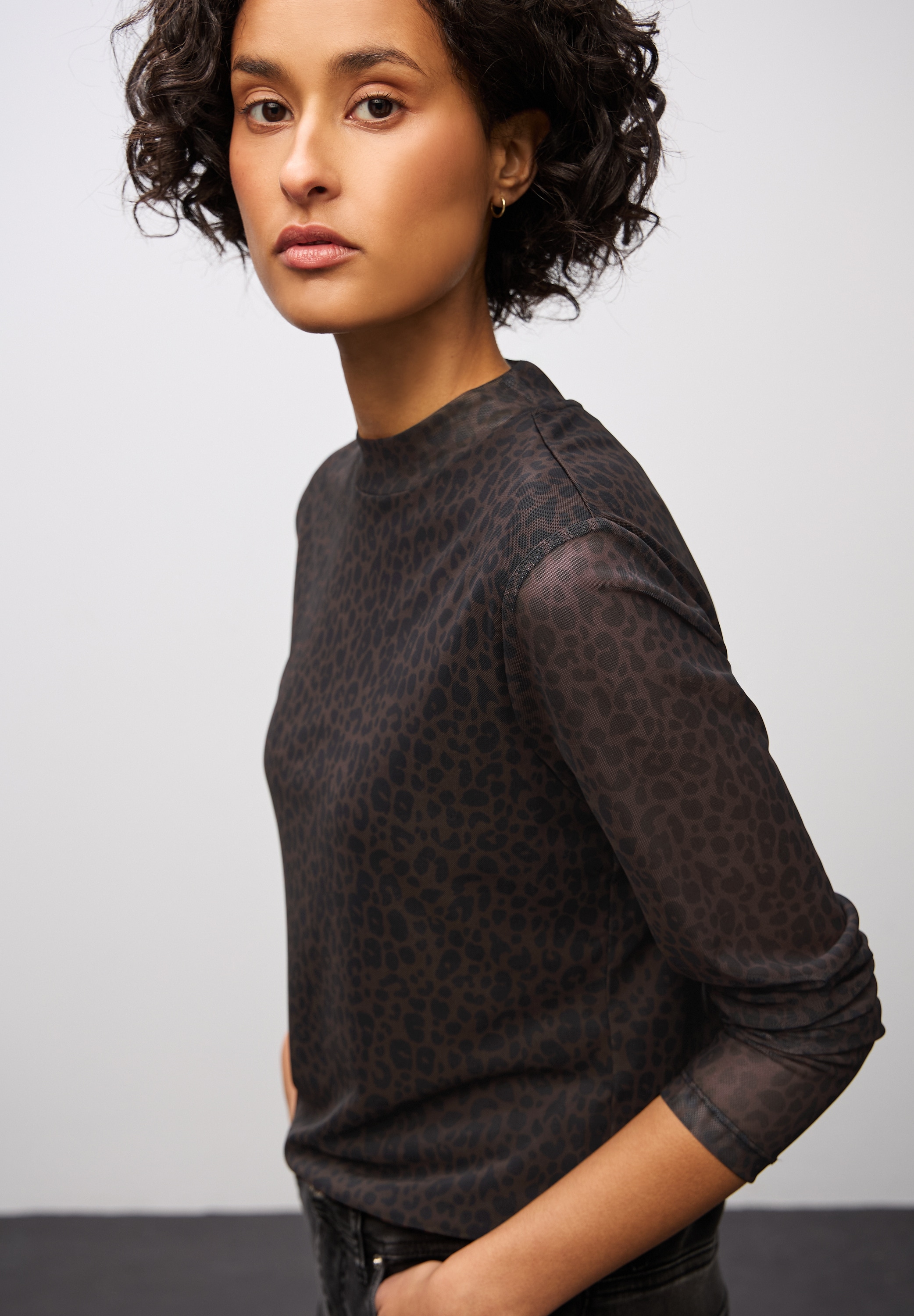 STREET ONE T-shirt à manches longues in transparenter Mesh-Qualität und Leo-Muster