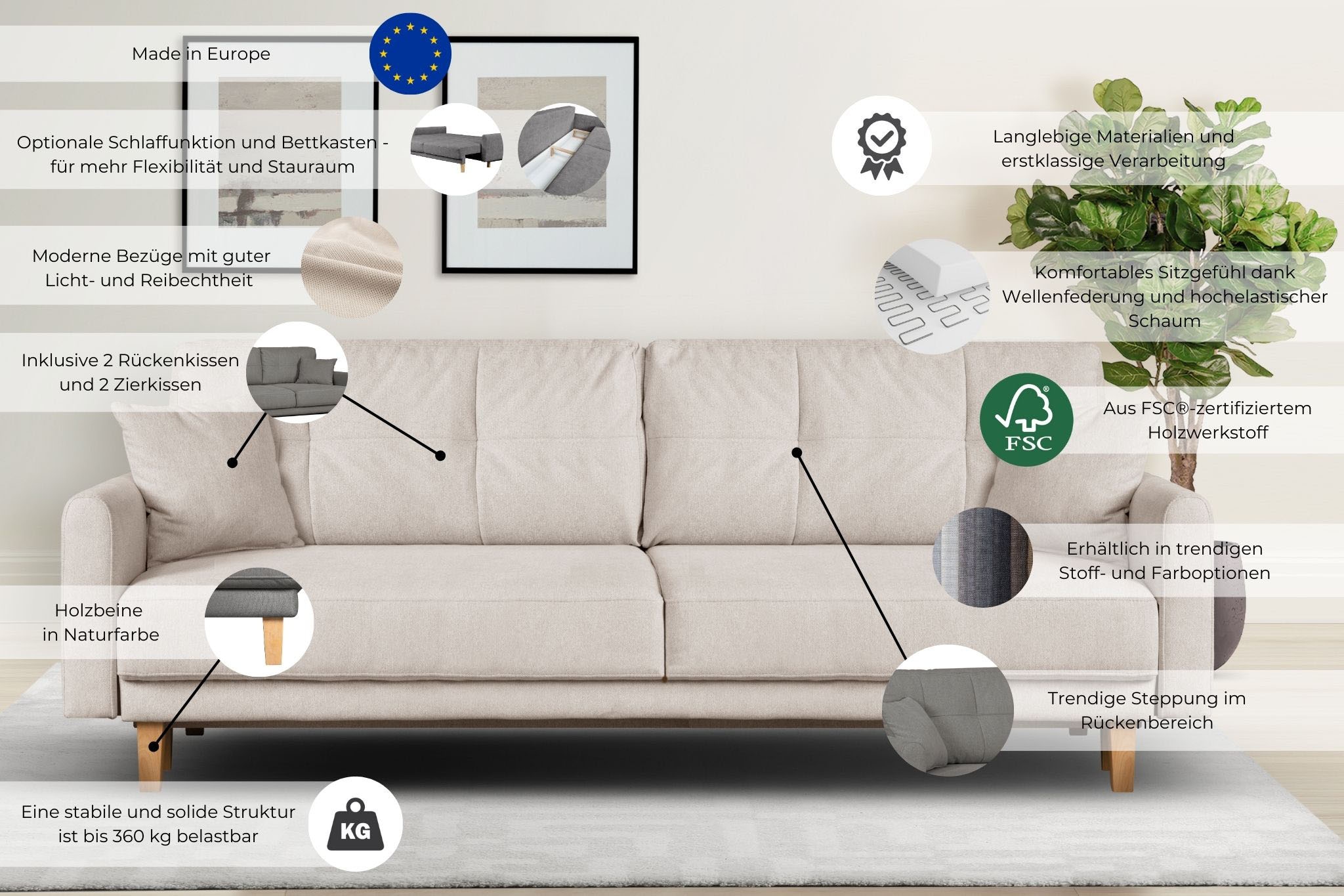 Home affaire 3-Sitzer »TRIPLO optionale Schlafsofa mit Bettkasten, Masse B/T/H: 215/100/89 cm« Wahlweise Bettfunktion - Liegefläche 145x191 cm, Rücken-, Zierkissen
