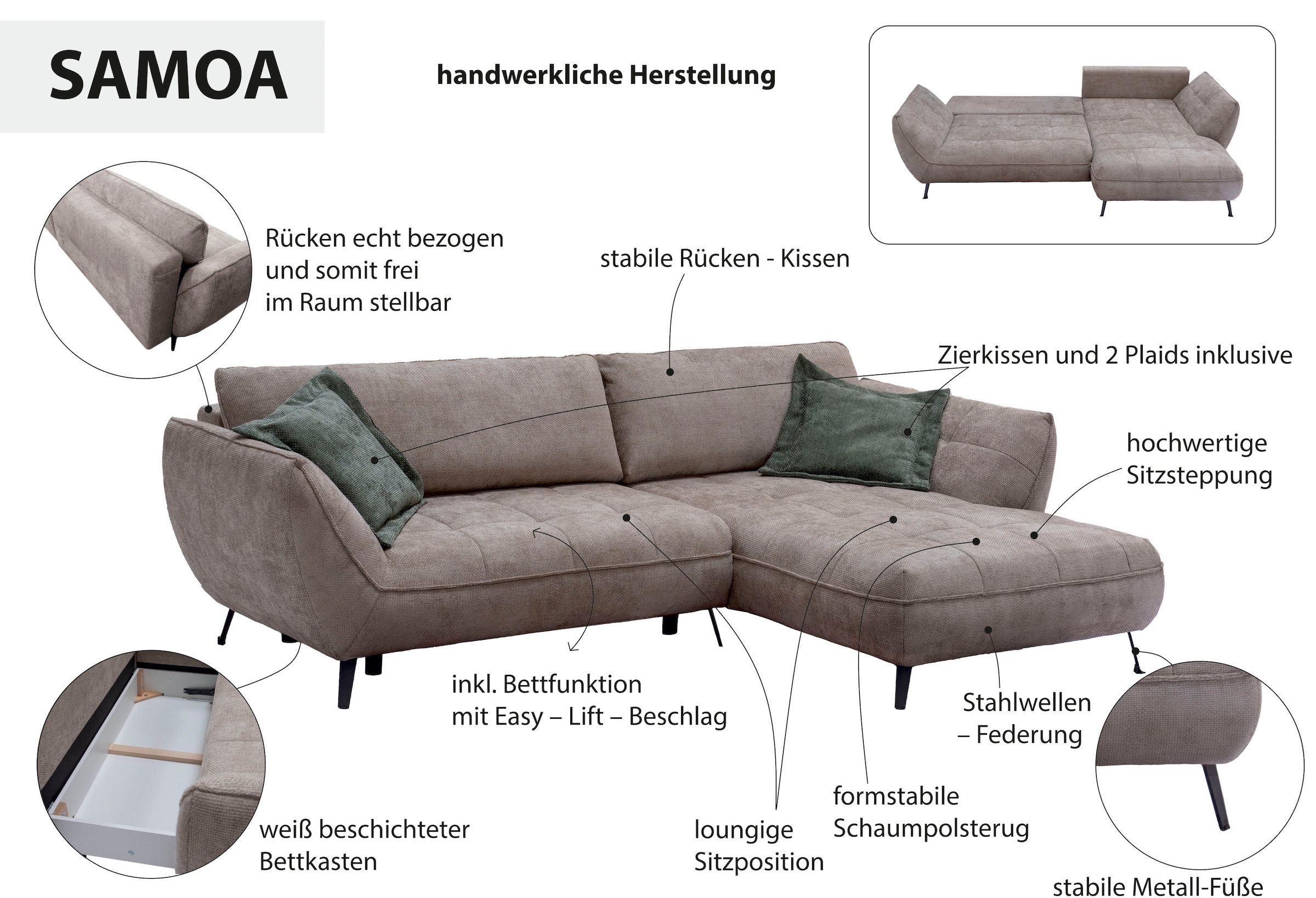 exxpo - sofa fashion Canapé d'angle »Samoa, bequem und modern, mit Easy-Lift-Bettfunktion, L-Form« Ecksofa Samoa, inkl. Bettfunktion, Bettkasten und Rückenkissen