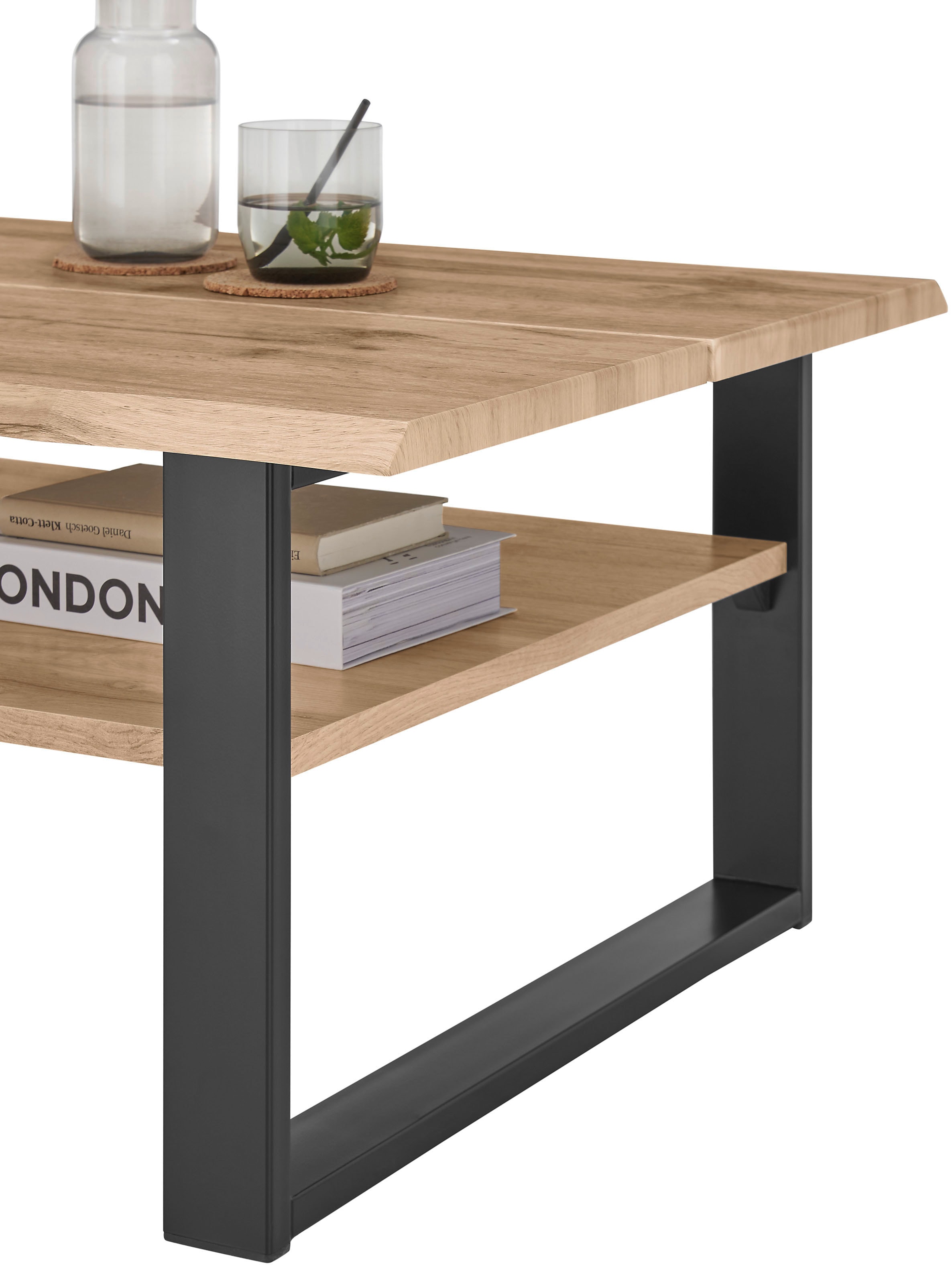 Stolkom Couchtisch »Venice Wohnzimmertisch mit Baumkante, BxHxT 107x40x66 cm« Baumkantenoptik, Industrial Style, 1 Ablageboden, Wotan Eiche Optik