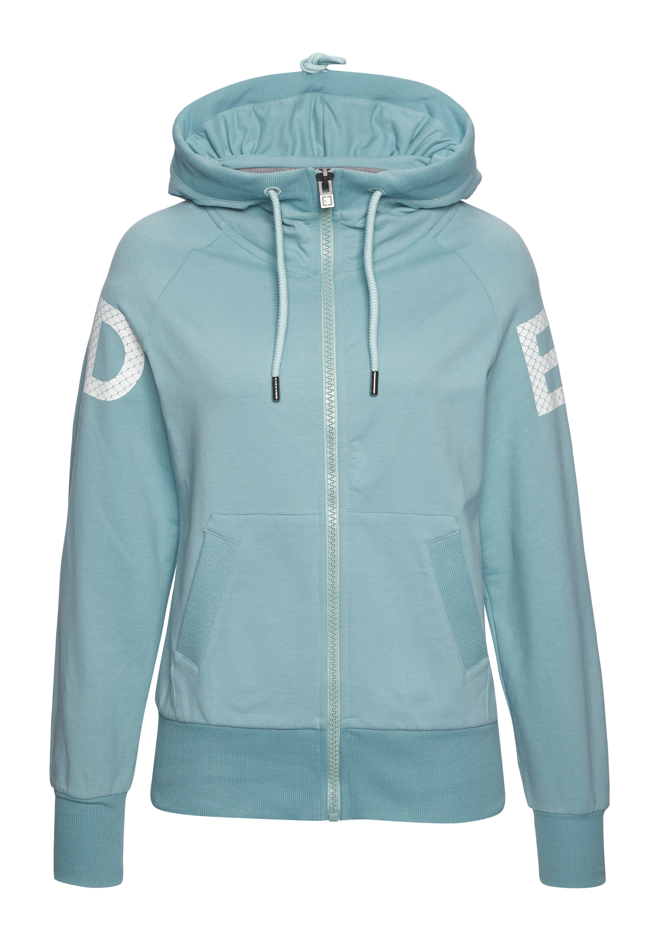Elbsand Kapuzensweatjacke mit grossem Logodruck hinten, bequeme Freizeitjacke mit Taschen