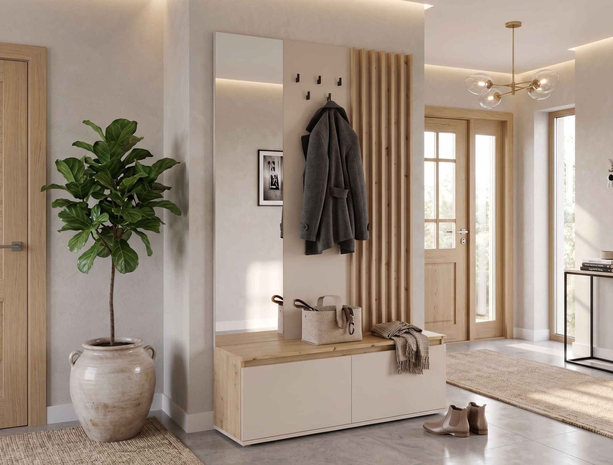 Home affaire Panneau de vestiaire »LANDUVA Garderobe mit Schuhschrank, Spiegel und Haken, Breite 120 cm« Ensemble de vestiaire, vestiaire compact, avec banc, design à lamelles