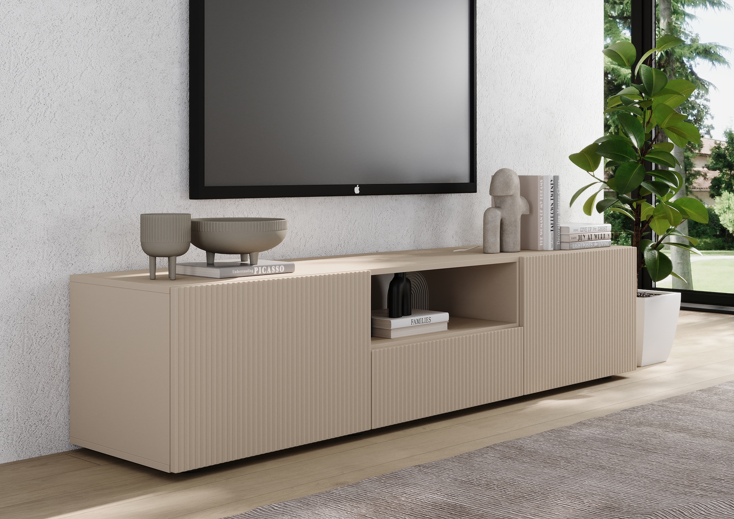 Home affaire Table basse »Rio Breite 181 cm, TV-Board 2 Türen u. 1 Schubkasten, TV-Schrank« geriffelte MDF-Fronten, modern u. elegant, Kabelführung, viel Stauraum