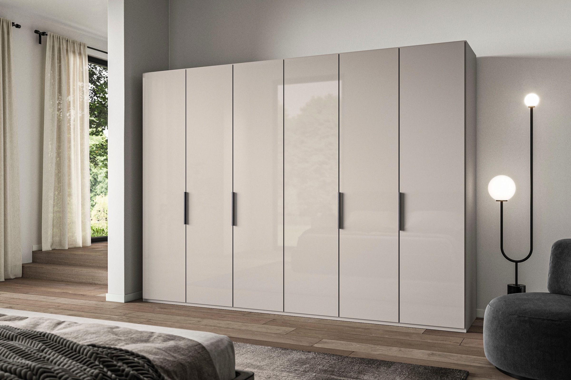 WIEMANN Falttürenschrank »Ohio, Kleiderschrank, Schrank, Garderobe, mit Glasfront, 300 cm« inklusive Einlegeböden & Kleiderstangen, 2 Höhen, MADE IN GERMANY,  inklusive Türdämpfung, hochwertige Glasfront