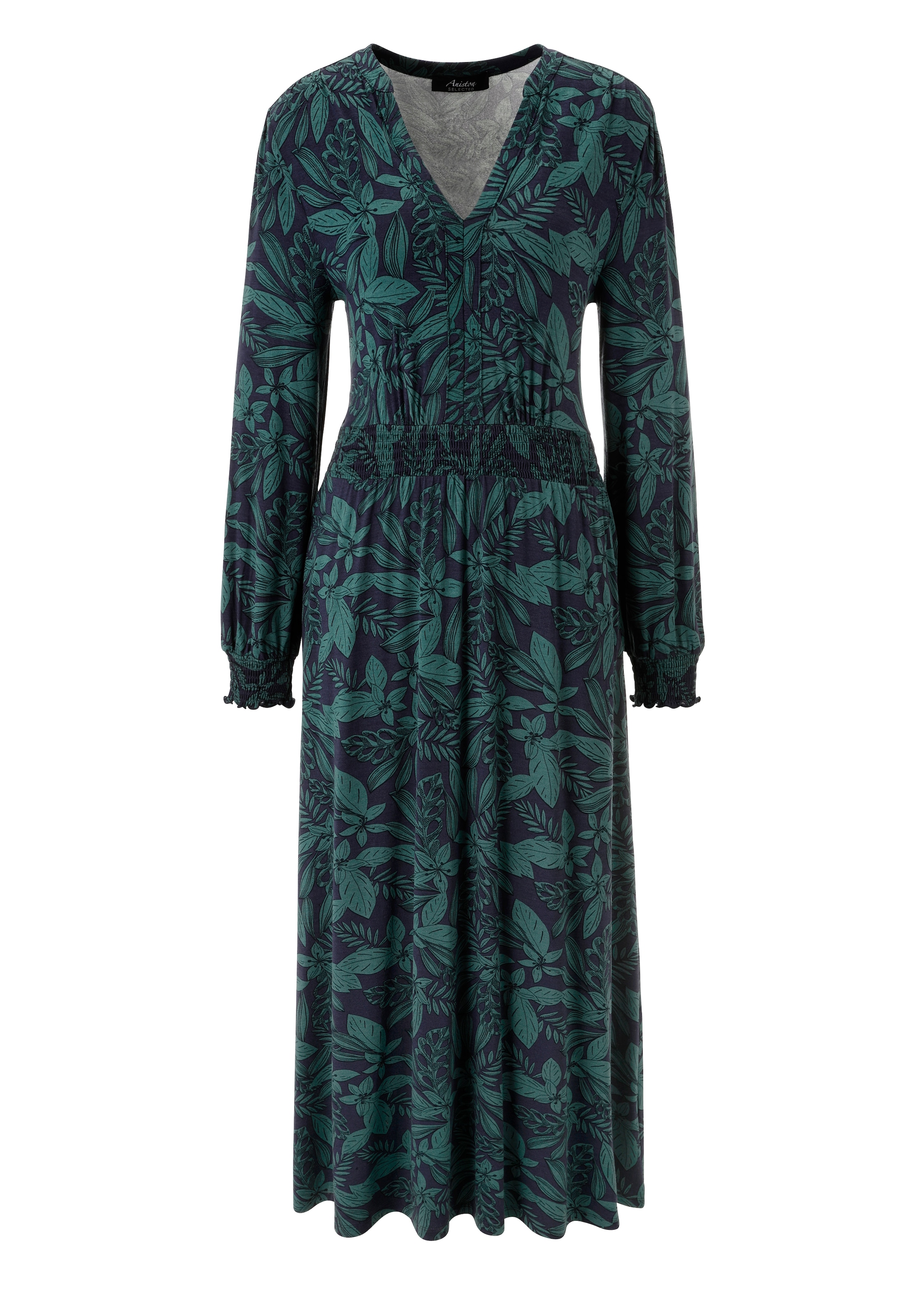 Aniston SELECTED Robe midi avec détails smockés et imprimé feuilles fantaisiste - NOUVELLE COLLECTION