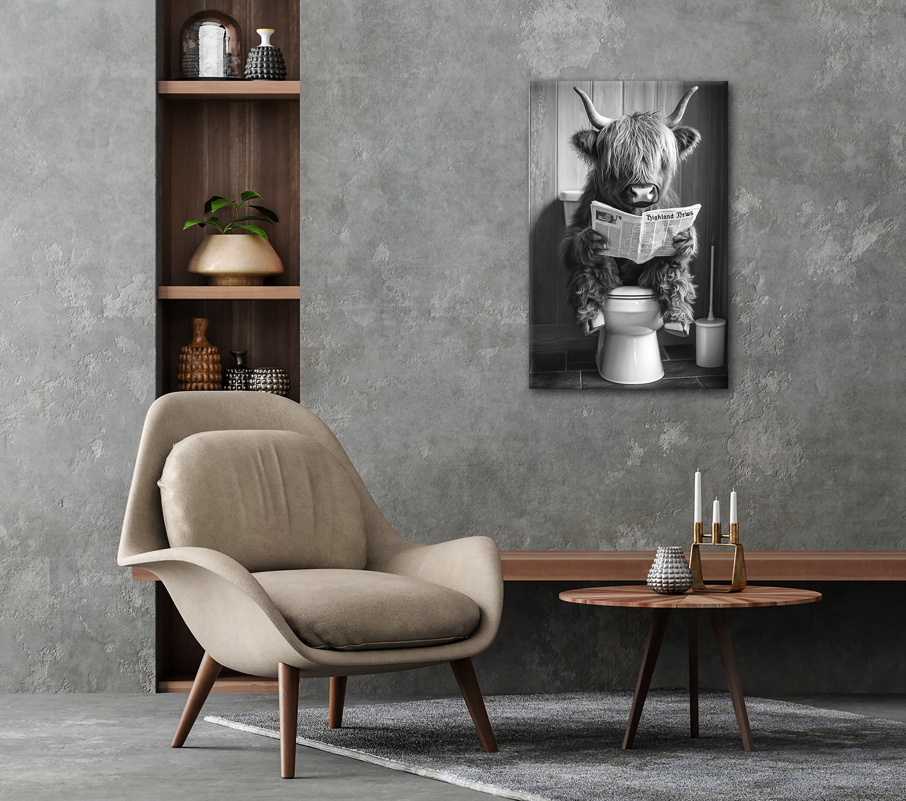 Bönninghoff Leinwandbild »Wandbild HIGHLAND NEWS S/W 60x90 cm – Leinwandbild Keilrahmen Deko« Hochlandrind | Humor | Kuh | Kuhbilder | Kühe | Schwarz-Weiss | Tiere 1 Stk. tlg. auf Keilrahmen gespannt