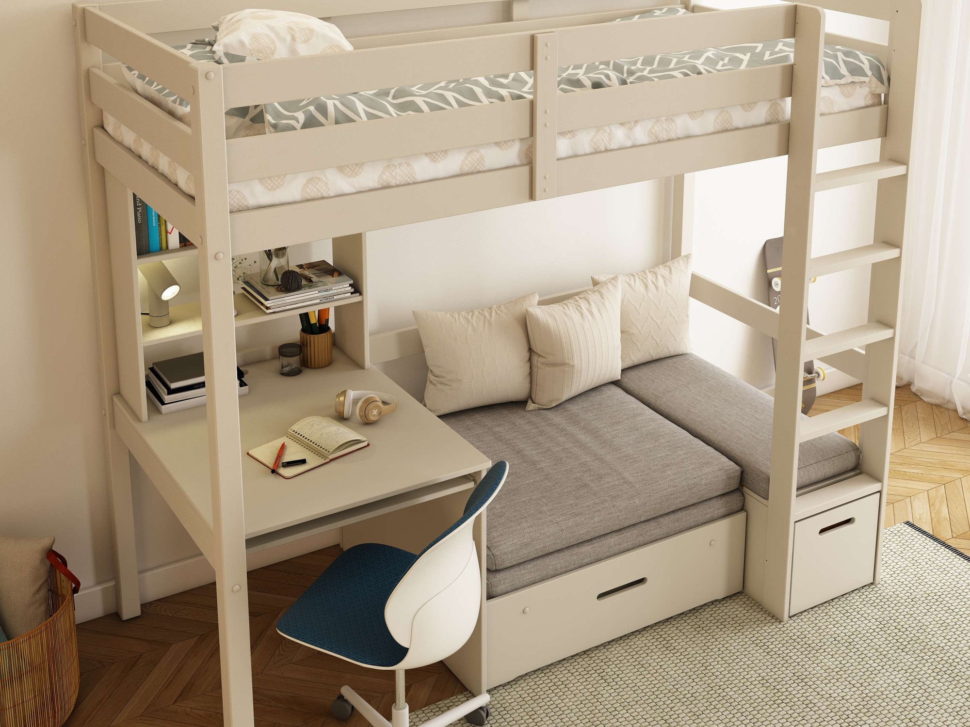GOODproduct Etagenbett »HENNE' TOPSELLER! Hochbett, Ideal für kleine Räume, 2 Schlafplätze« zweiter Schlafplatz ausziehbar, B/H/T ca. 208/180/105cm,  mit Polsterauflagen, Schreibtisch, Stauraum, seitenverkehrt montierbar
