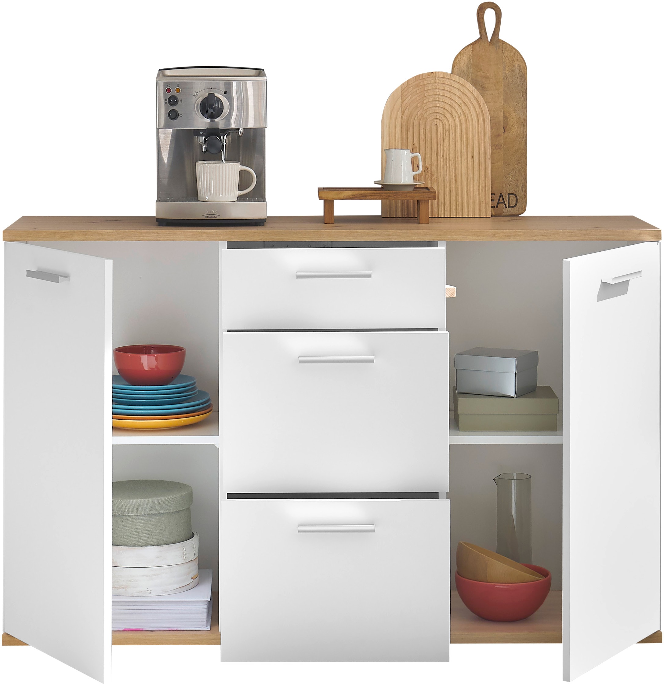 HBZ Kommode »BC1035 weiss matt, BxHxT 135x86x38 cm« Kommode mit 2 Türen, 3 Schubkästen, 2 Einlegeböden