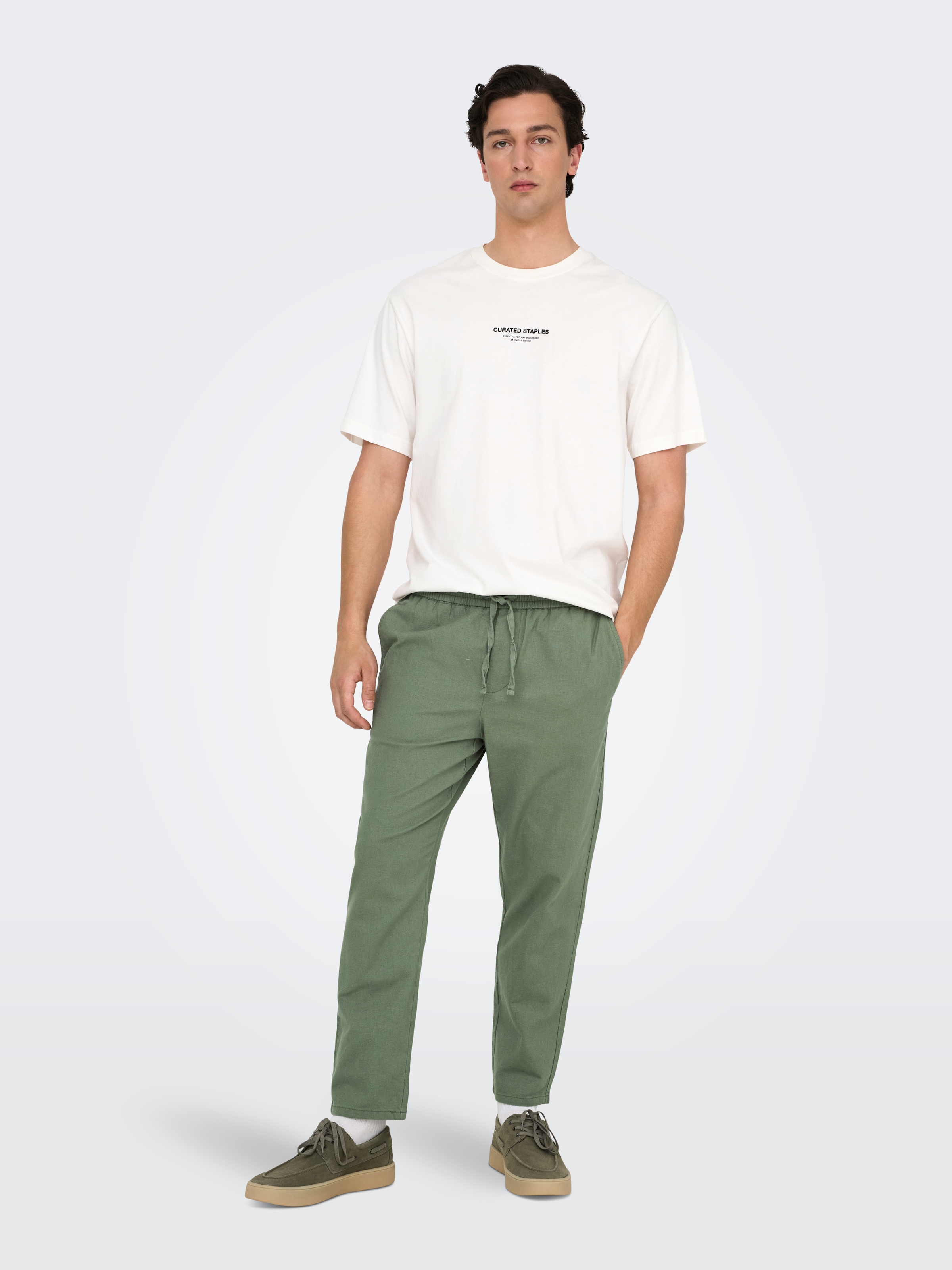 ONLY & SONS Pantalon à enfiler »ONSLINUS CROP 0007 COT LIN PNT NOOS«  coton avec lin, ceinture élastique et cordon