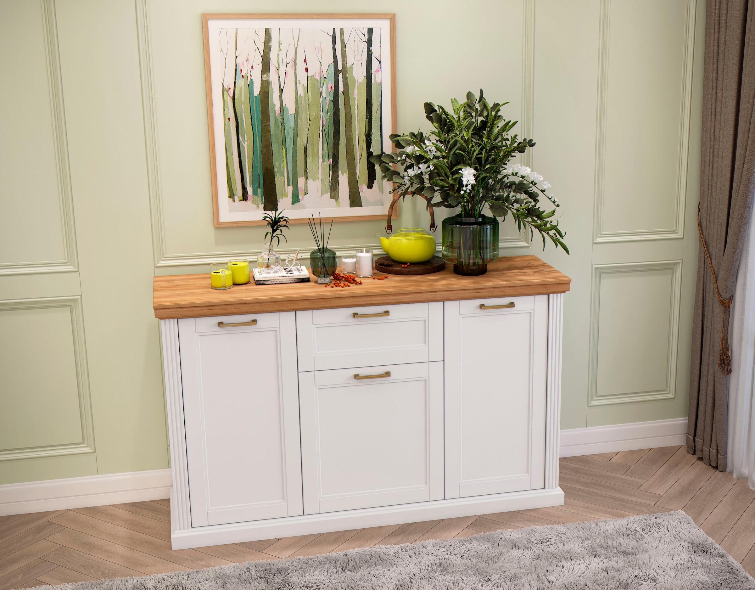 GOODproduct Kombikommode »Tara, im klassischen Landhausstil, FSC-zertifiziert, in 2 Grössen« Soft-Close-Funktion, goldfarbene Metallgriffe, Innendekor Holzoptik,  lackiert mit wasserbasiertem UV-Lack, unempfindlich und kratzfest