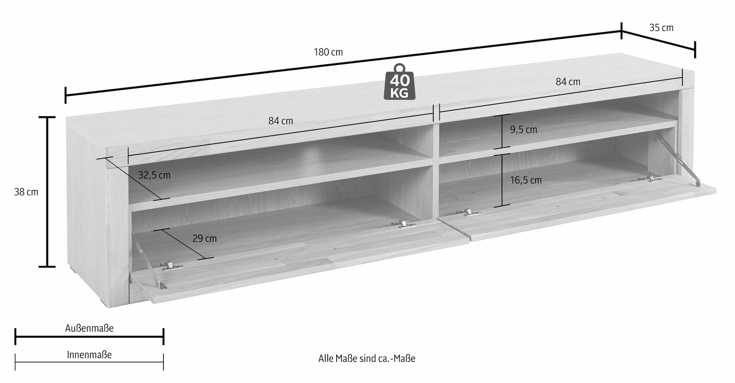 GOODproduct Table basse »Ribe,180cm breit, Fronten Massivholz,4 Fächer ,Kabeldurchführung« Holz massiv, Holzwerkstoff, Metall Griffe,2 Klappen