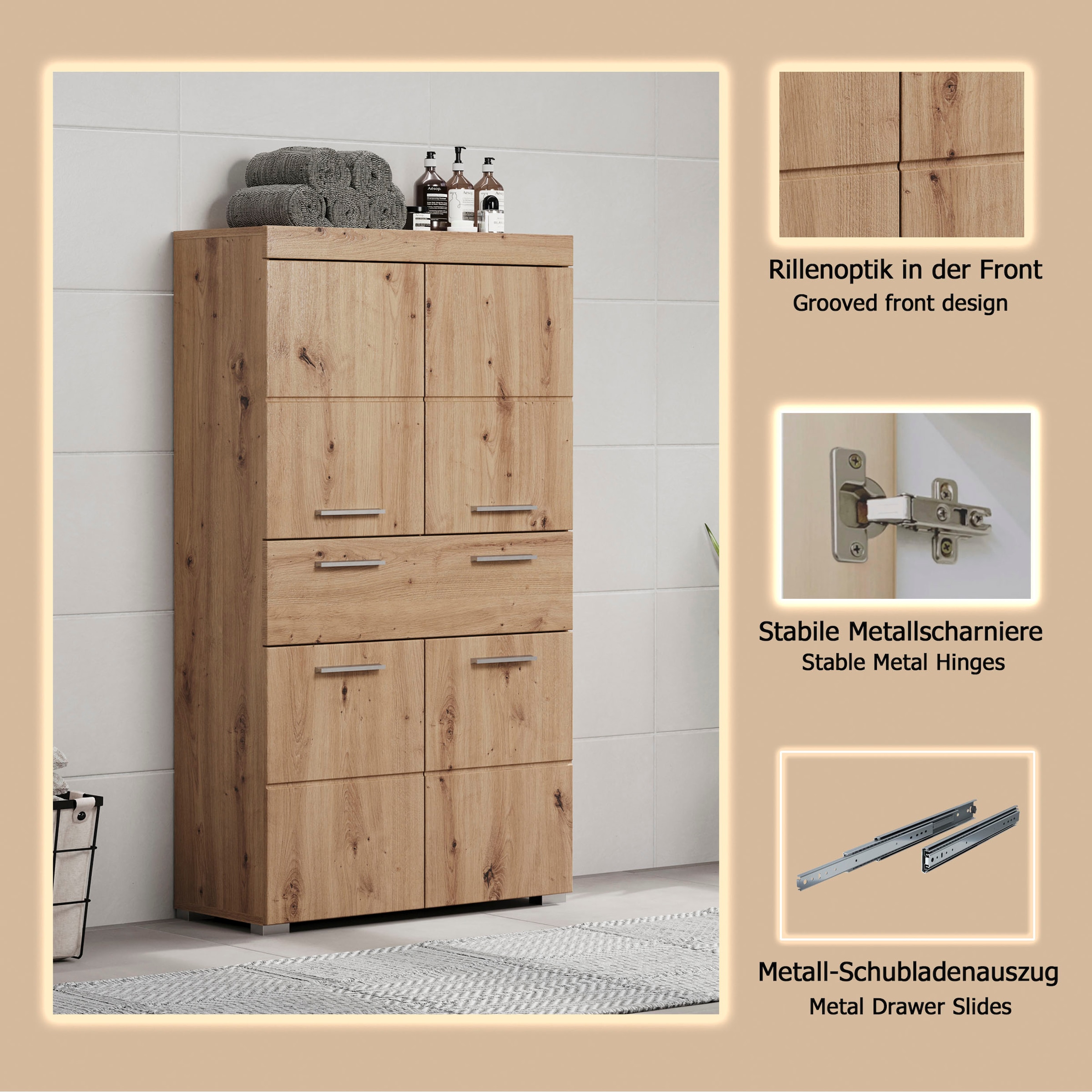 welltime Armoire intermédiaire »Avena« armoire debout avec 4 portes, 1 tiroir - (L/P/H) 73/31/130 cm
