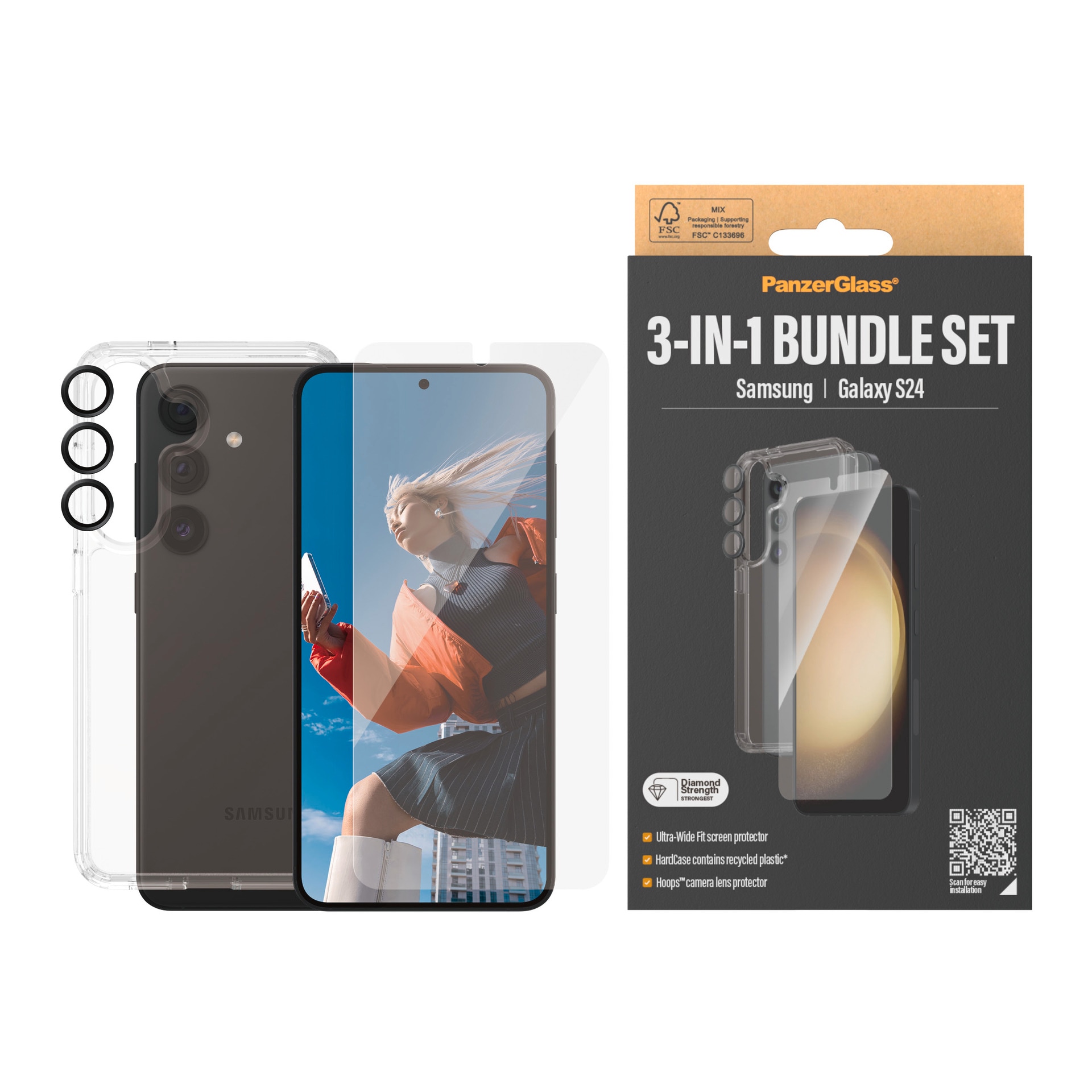 PanzerGlass Displayschutzglas »3-in-1 Bundle Set Screen Protector, HardCase, Hoops« für Samsung Galaxy S24 Displayschutzfolie, Schutzfolie, Bildschirmschutz, kratz- & stossfest