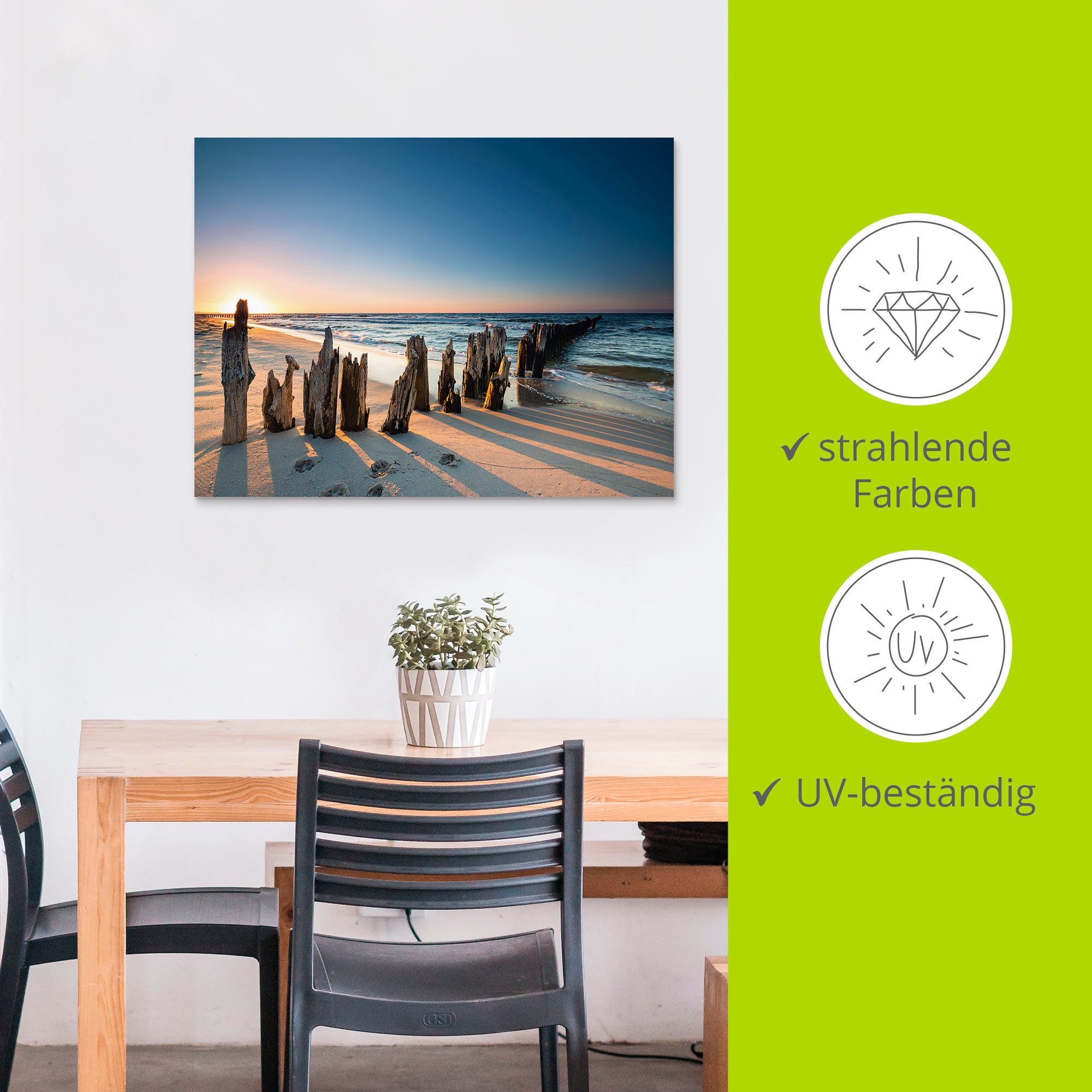 Artland Wandbild »Sonnenuntergang Strand Wellenbrecher« Meer Bilder 1 Stk. tlg. als Alubild, Leinwandbild in verschied. Grössen