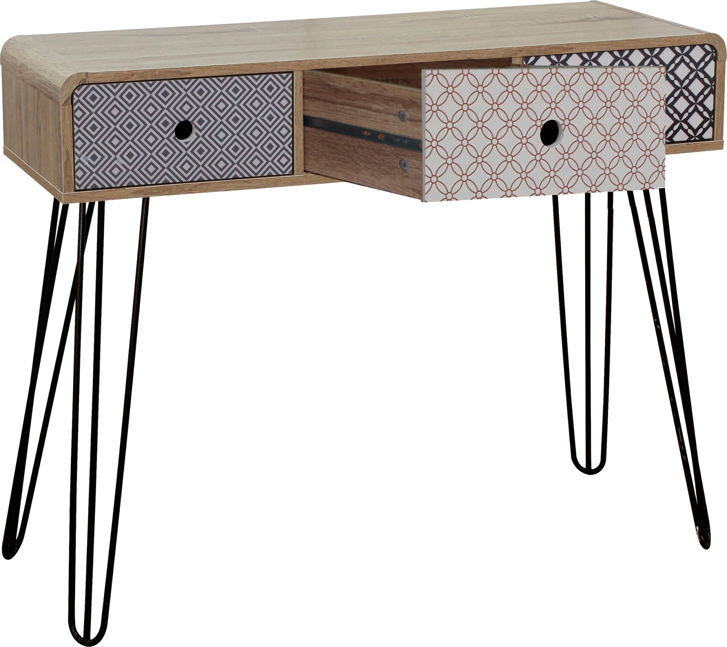 SIT Table console »Hvar im Scandi-Shabby-Chic mit 3 grifflosen Schubladen« Surface blanche lavée avec façades bleu-blanc aspect vintage