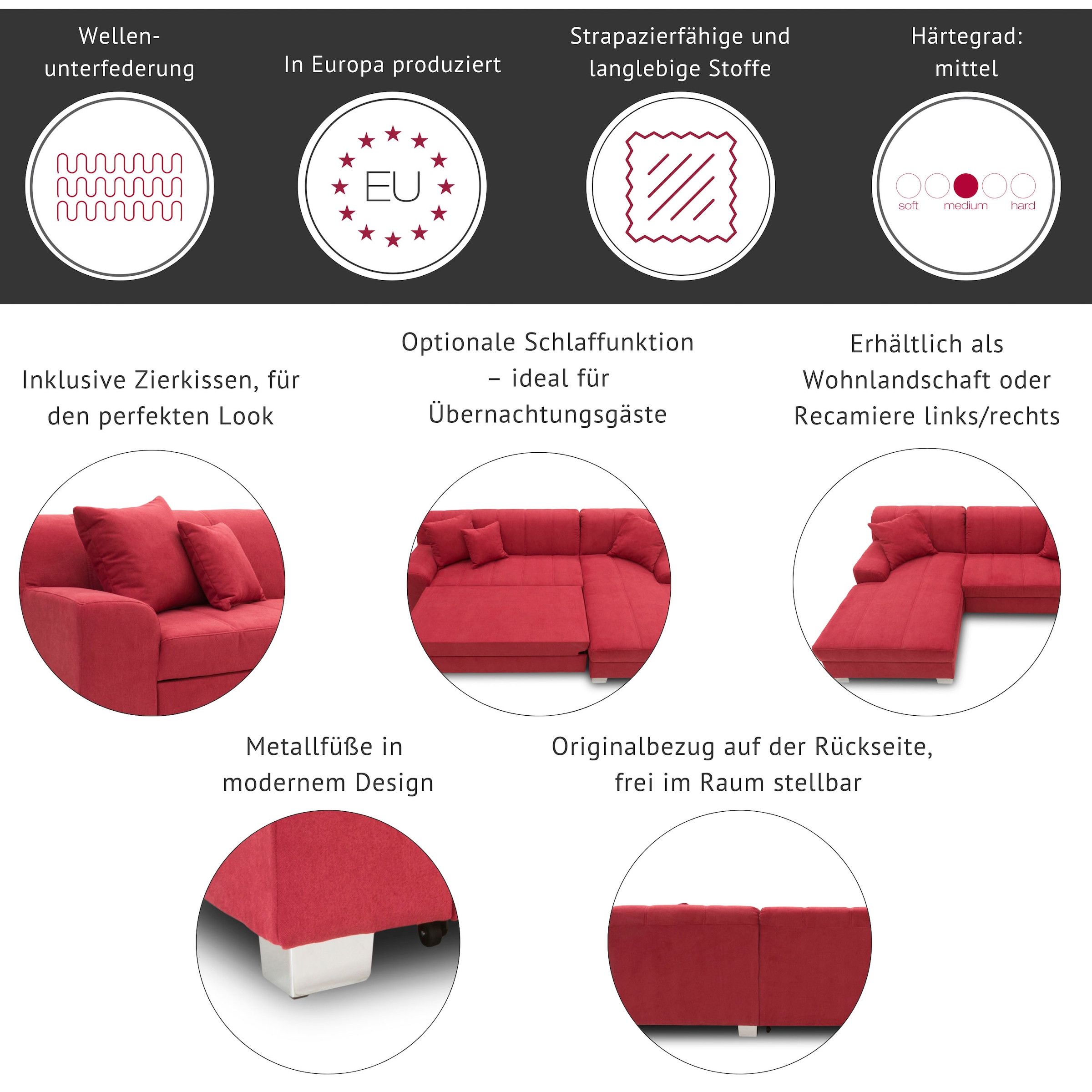 DOMO collection Wohnlandschaft »Turah moderne Steppung,  incl. Zierkissen, auch in Leder,« wahlweise mit Bettfunktion,   B/T/H: 297/82/75 cm, U-Form