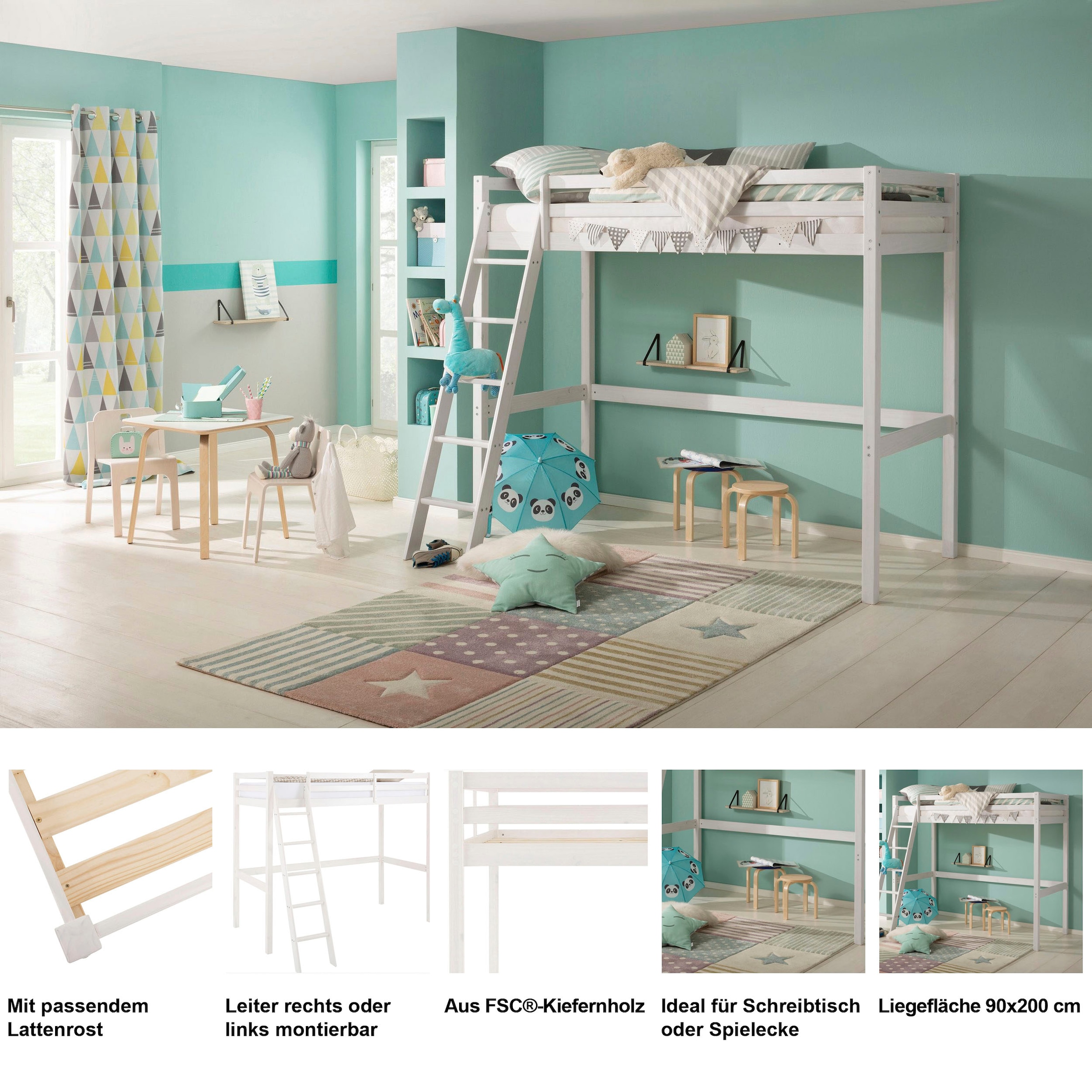 GOODproduct Lit d'enfant »Alpi, Leiter links oder rechts montierbar, Hochbett« Kiefernholz, Inklusive Leiter und Lattenrost, Liegefläche 90x200 cm