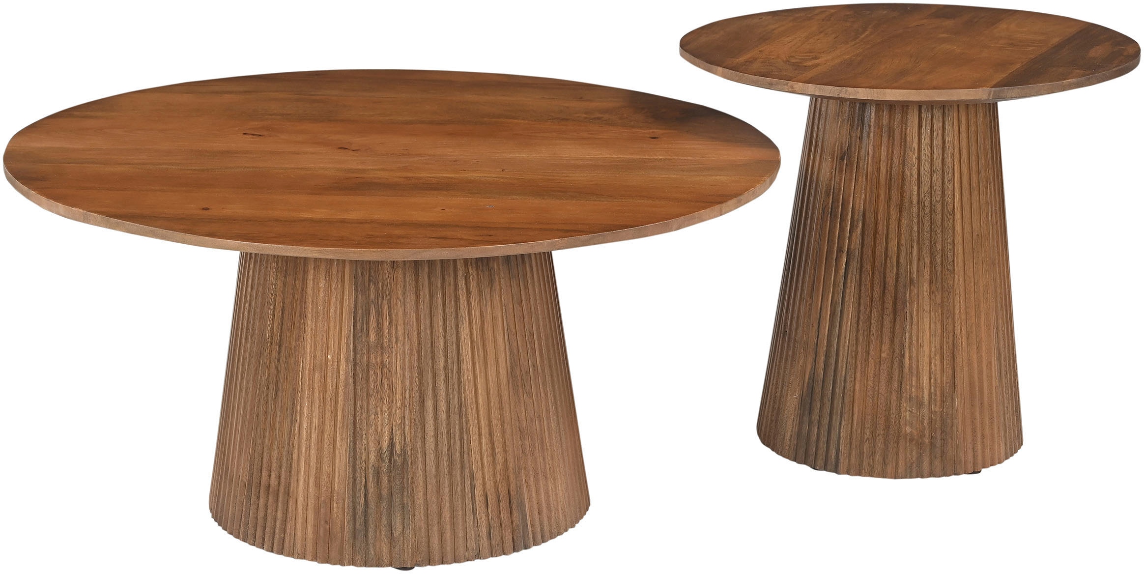 SIT Table basse »Brüssel aus Mangoholz mit Sockelfuss & Lamellendesign« Plateau de table rond Ø 80 cm et pied massif avec effet lamelles