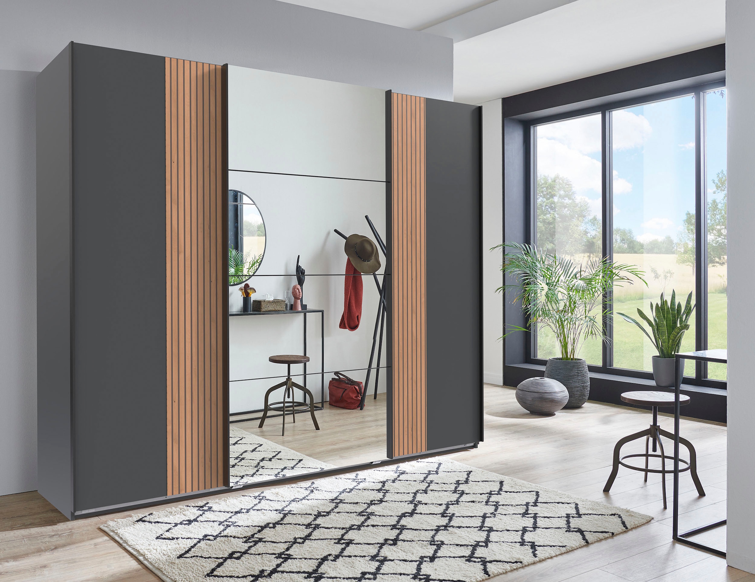 Wimex Armoire à portes coulissantes »Malaga« Kleiderschrank 3-türig mit Akustiklamellen-Optik und Spiegel