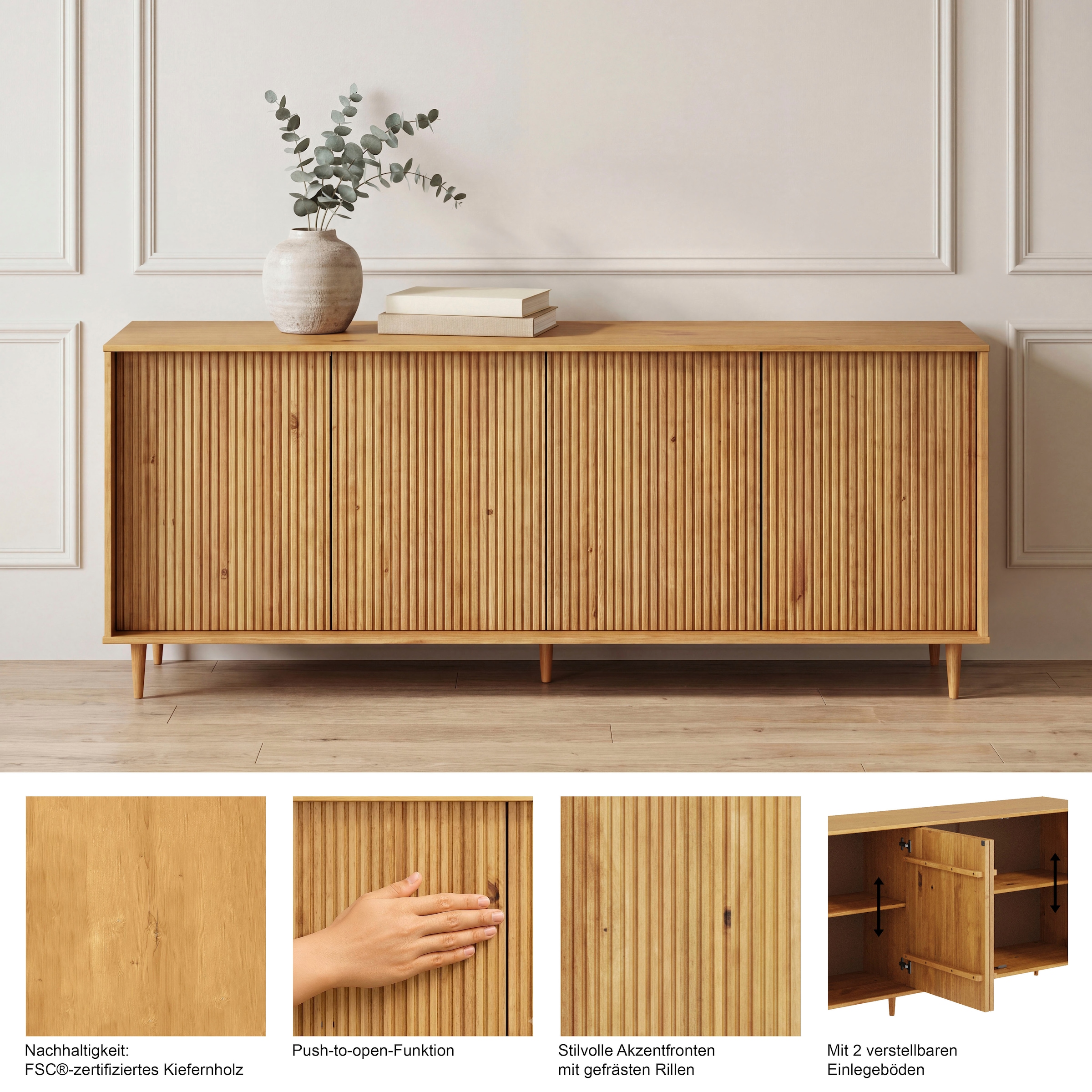 GOODproduct Buffet »Malmedy Front mit gefrästen Rillen« commode en pin massif, ouverture par pression, FSC, largeur 200 cm