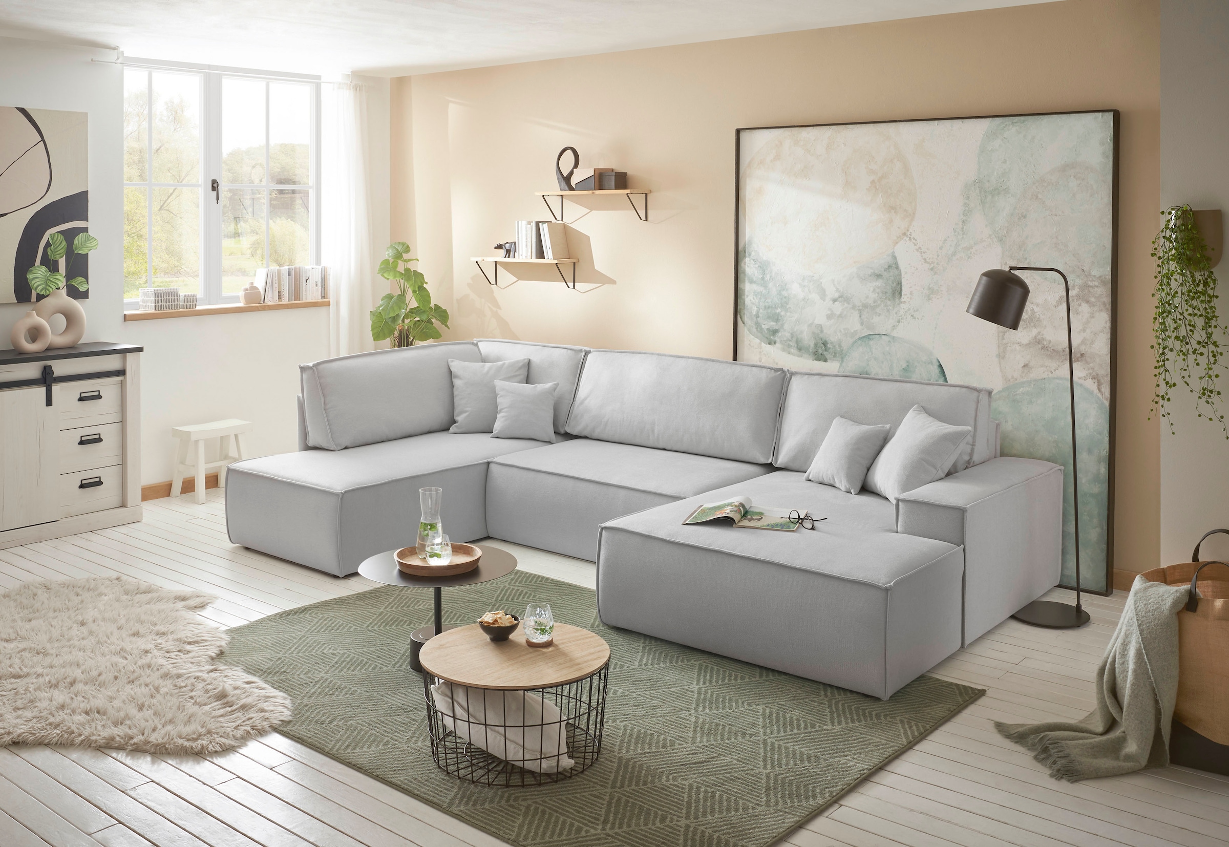 andas Paysage de salon »FINNLEY, U-Form XXL 329 cm, Schlafsofa, Schlaffunktion m. Bettkasten« verfügbar in den Stoffqualitäten Bouclé, Struktur fein und Mega Cord