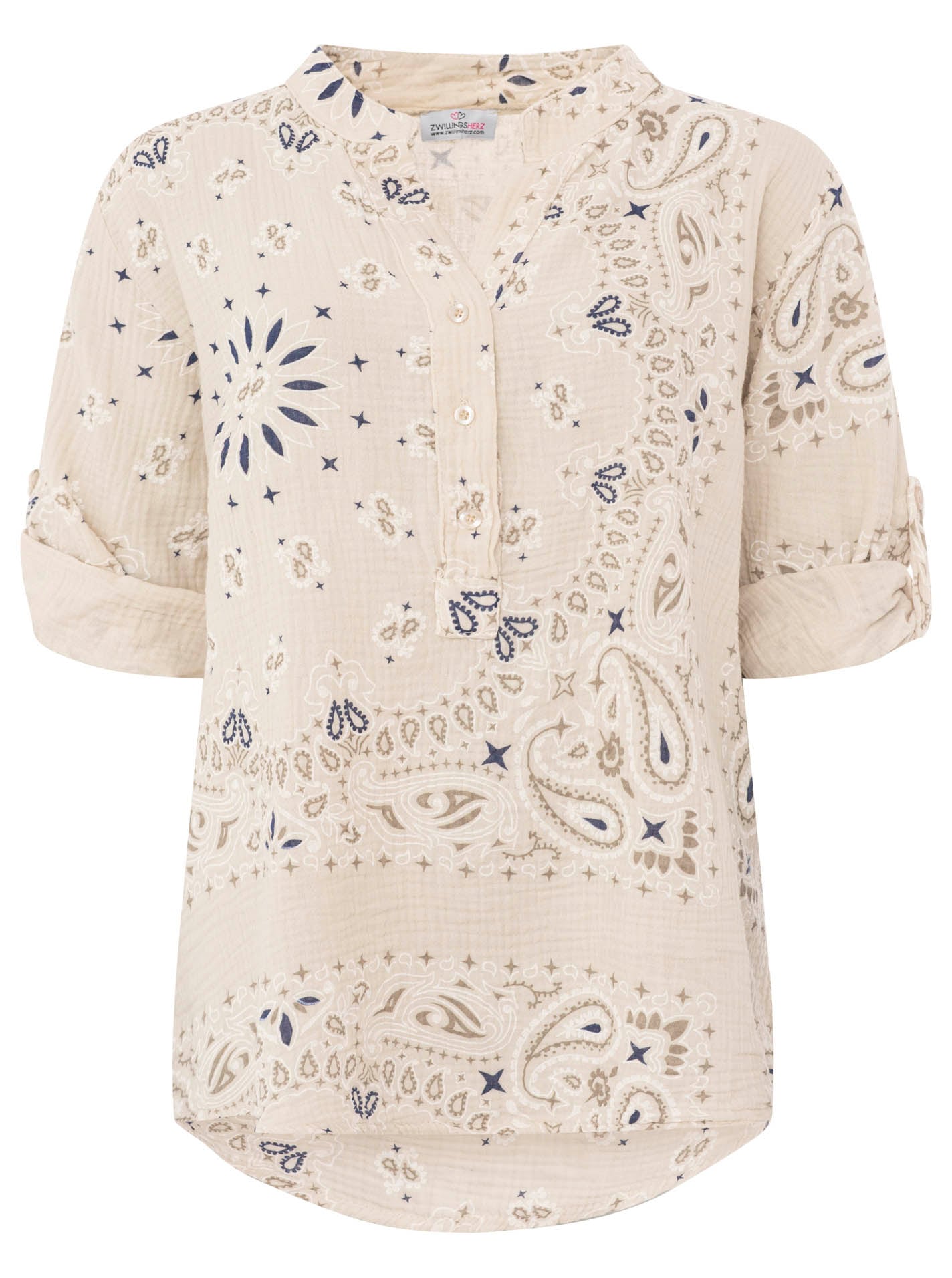 Zwillingsherz Blouse à manches courtes »"Paisley Dreams"« mousseline, motif paisley, manches retroussées, col en V avec patte de boutonnage