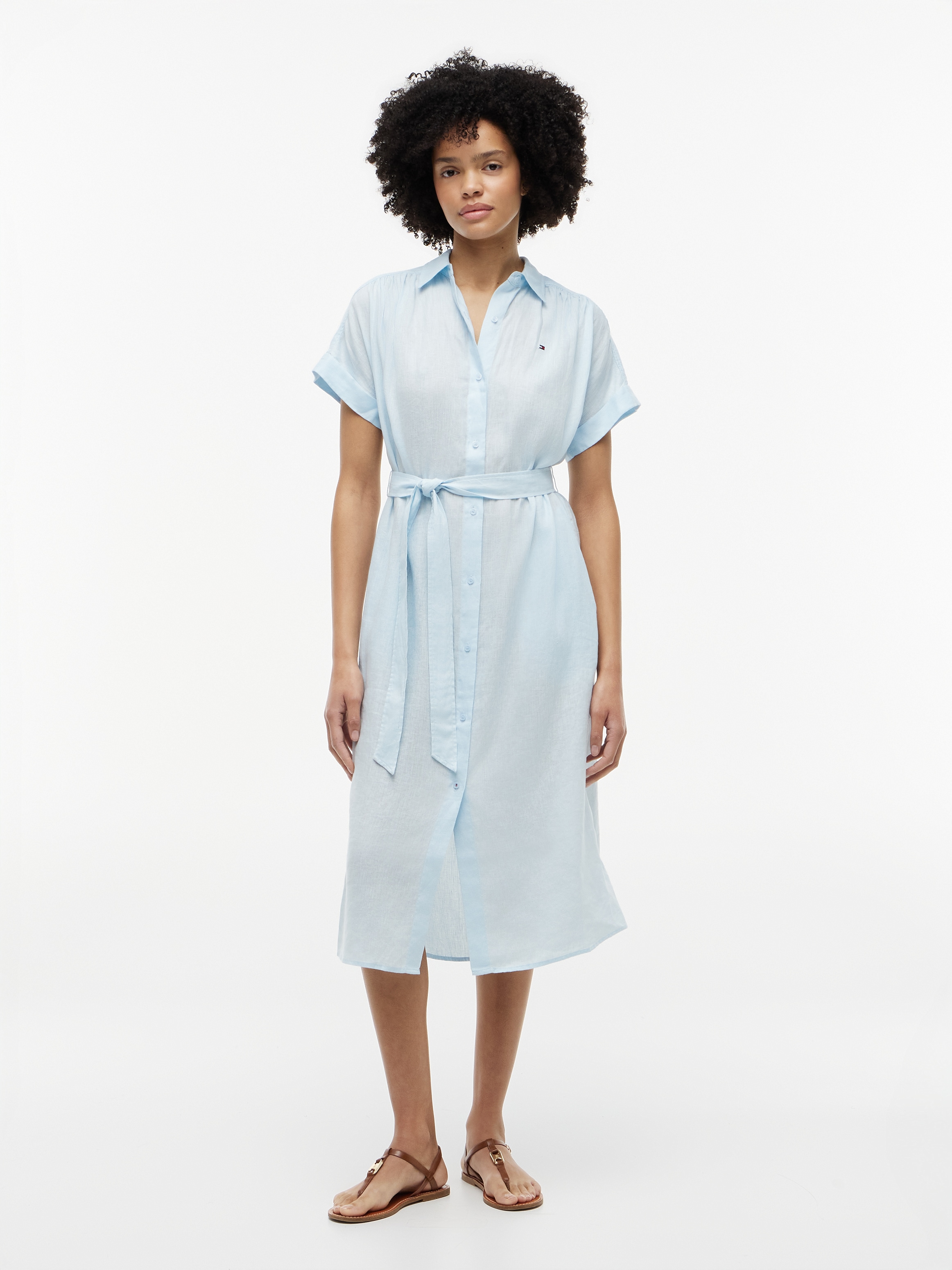 Tommy Hilfiger Robe chemisier »LINEN BELTED KNEE SS SHIRT DRESS« doubles poches latérales avec ceinture à nouer