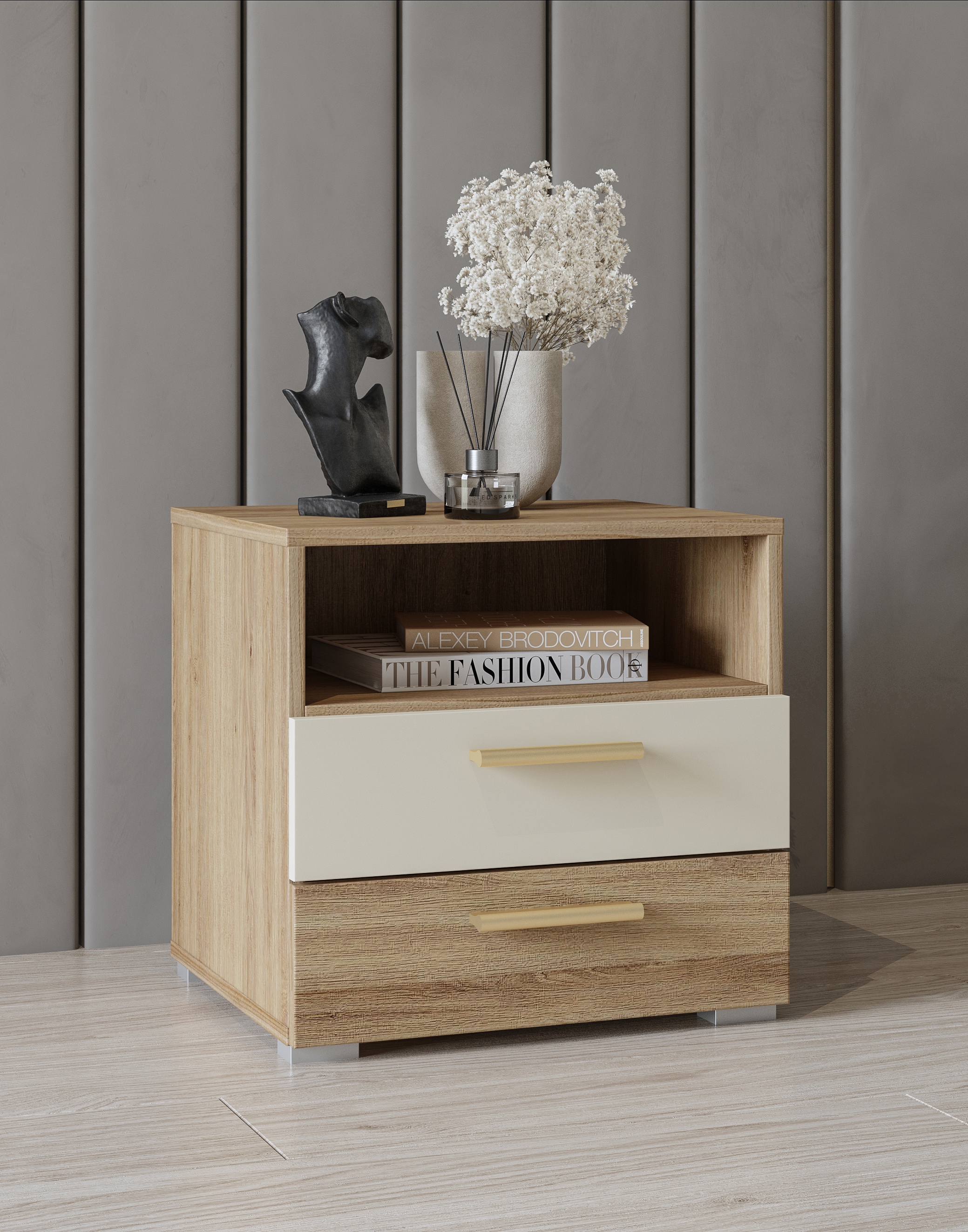 Home affaire Table de nuit »Bitry, Breite 46 cm, moderner Nachtschrank mit 2 Schubladen« Nachttisch, viel Stauraum, offene Fach