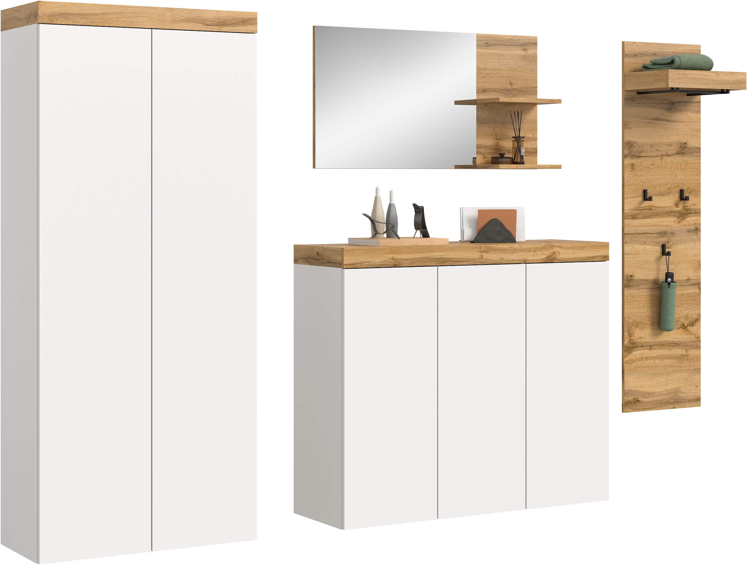 GOODproduct Garderoben-Set »MAMBO, 4-teilige Kombination, stehend & hängend montierbar« bestehend aus: Garderobenschrank, Kommode, Spiegel, Garderobenpaneel, 4 Stk. tlg.