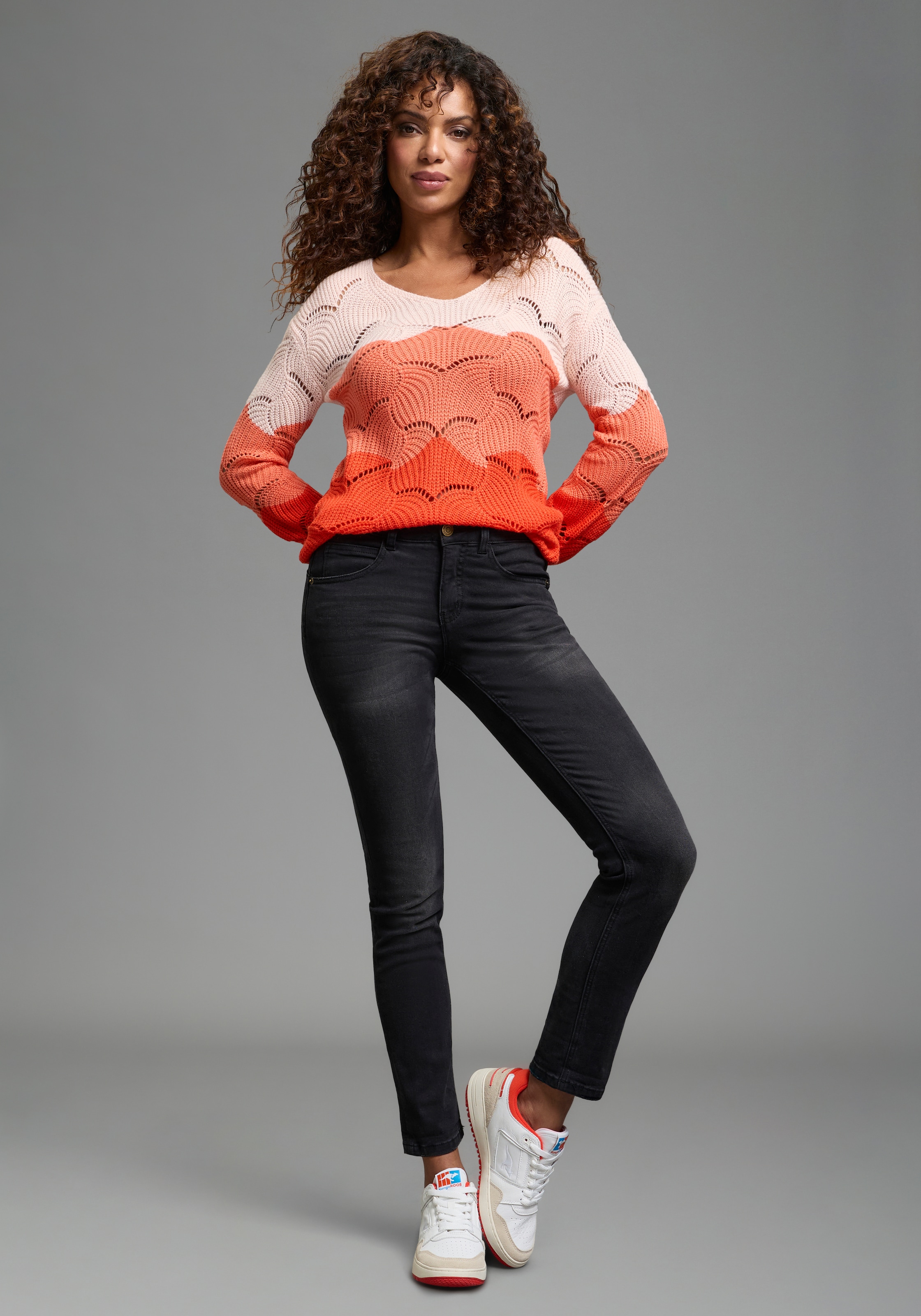 Laura Scott Pull ajouré leichter Sommerpullover mit Lochmuster und femininen V-Ausschnitt